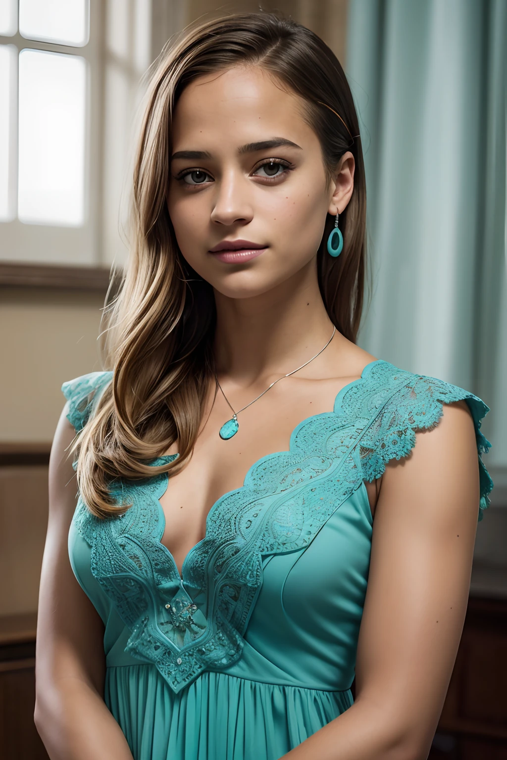 1人の女性, Women similar to Alicia Vikander, smil, Looking at the camera, Turquoise V Neck Dress, Photorealsitic, Best Quality, intricate and delicate, 8k wallpaper, top-quality, masterpiece, realisitic, ultra-detailliert