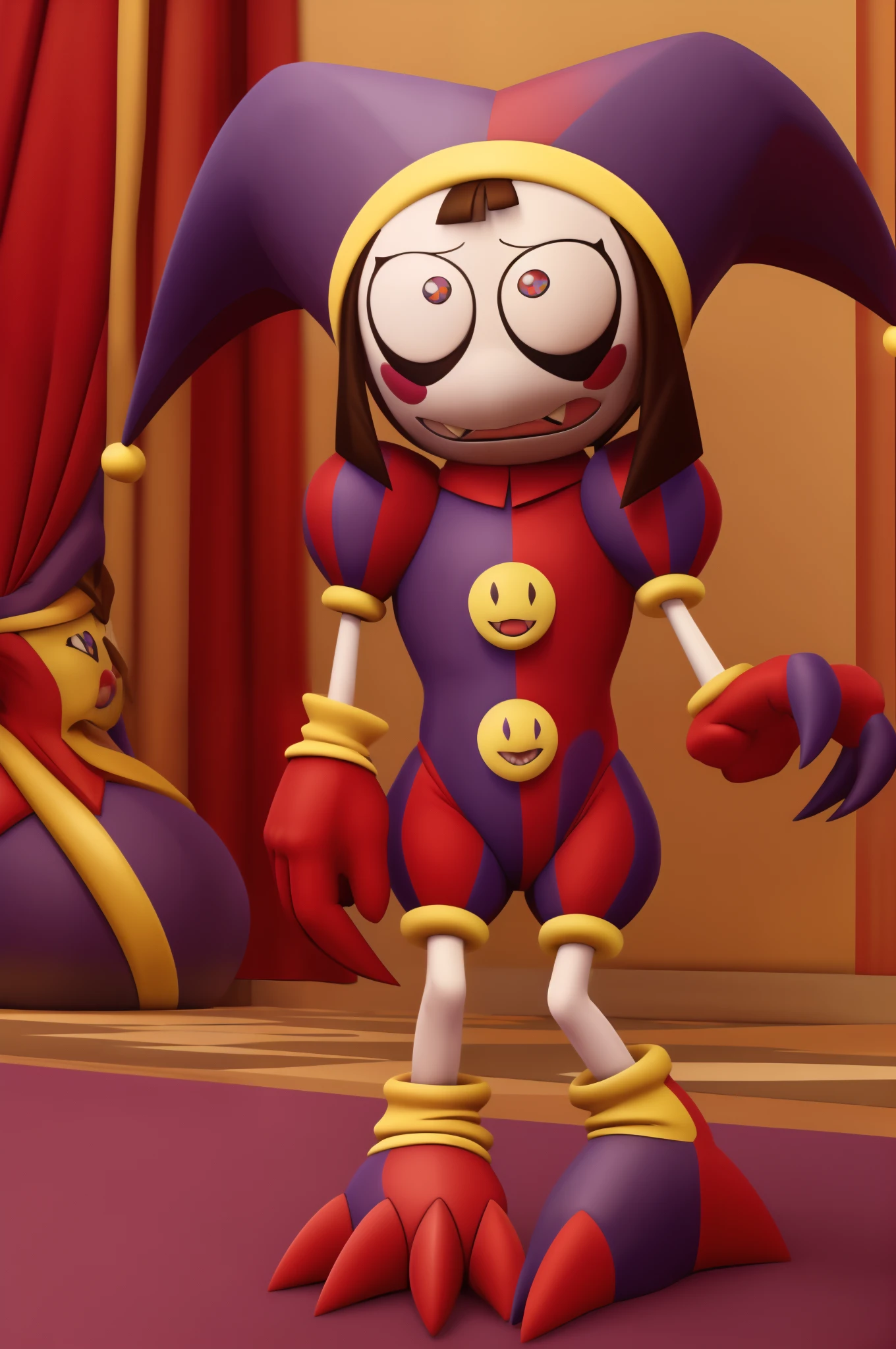 (best quality, masterpiece:1.2),pomni,1girl,mature, Tall, scared,full body,,striking pose,expressive eyes,fearful expression,nervous posture,tense, Brown Hair in a Bob cut ,Cute , Clown , ((Jester)) , pale skin ,Fangs, Claws,((Impmon based)),((Pomni as a digimon \(species\))), Dynamic pose
