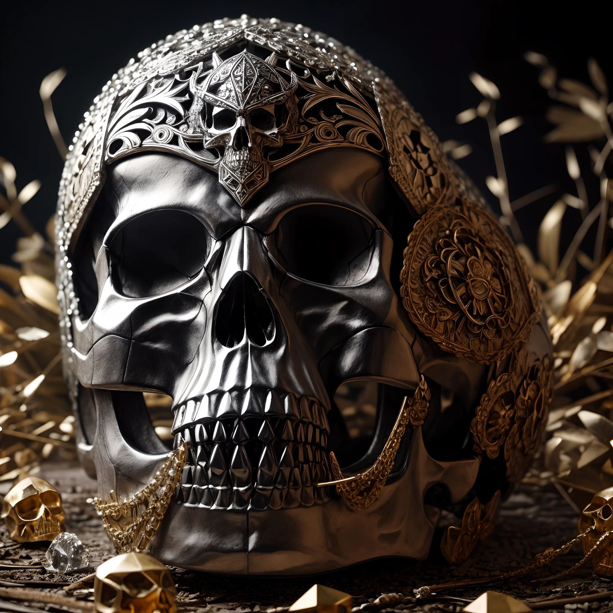 A skull craft,The skull is made of crystal,With a gorgeous metal helmet,Engraved with intricate European patterns,The background is from the forest,8K
