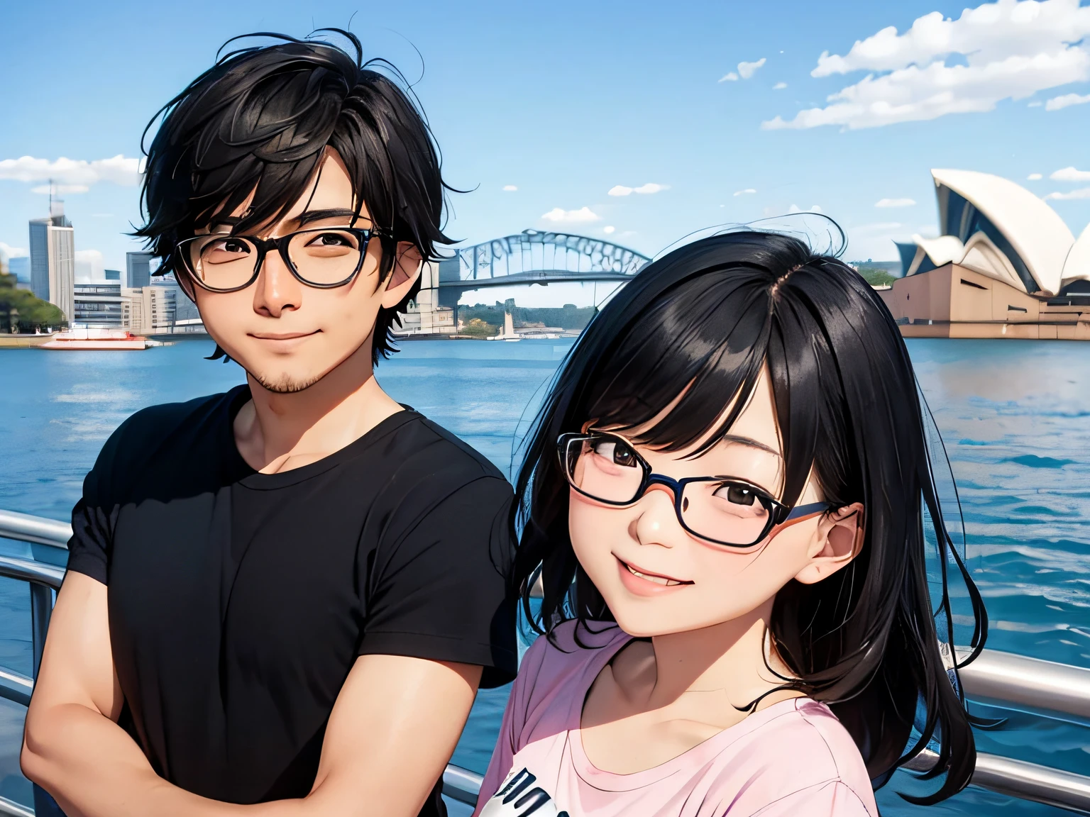 A young Japanese couple at the Sydney Opera House. The husband has black hair with bangs, wears glasses, and a blue T-shirt. The wife has medium-length black hair, wears glasses, and a pink T-shirt. They both have smiles on their faces and are waving hello. Clean-shaven, no children.