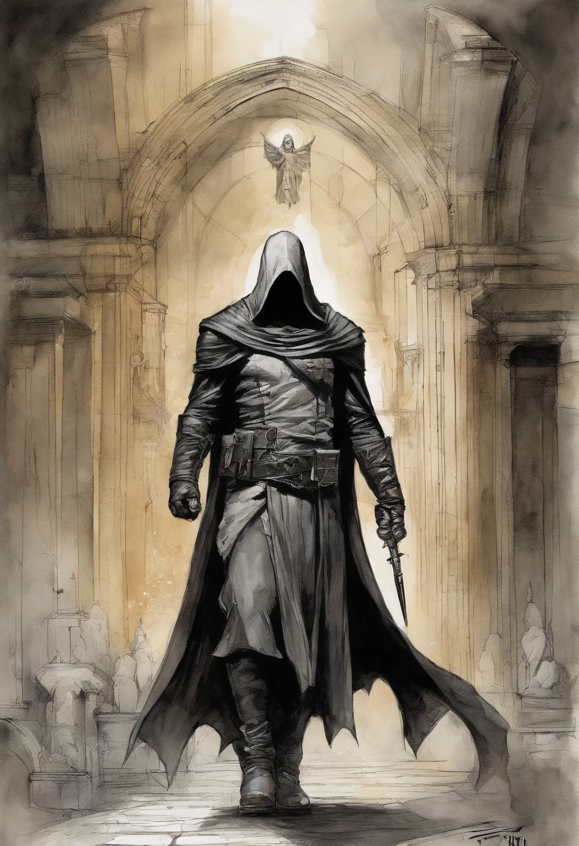 Create an avatar of a male character hiding his face, a mix of Moon Knight and Assassin's Creed, black coat, flying in the air, forming smoky wings on his back, body covered in leather similar to black scale armor, head covered by a hood covering the face, on a dark background, on top of a cathedral, superfero comic book by enki bilal