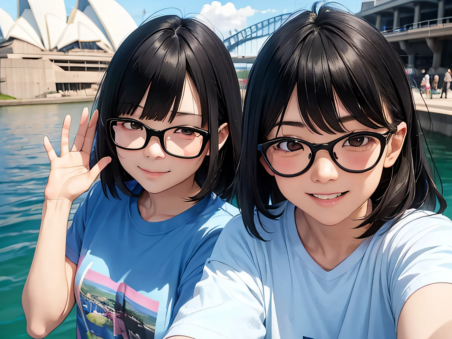 A young Japanese couple at the Sydney Opera House. The husband has black hair with bangs, wears glasses, and a blue T-shirt. The wife has medium-length black hair, wears glasses, and a pink T-shirt. They both have smiles on their faces and are waving hello. Clean-shaven, no children.