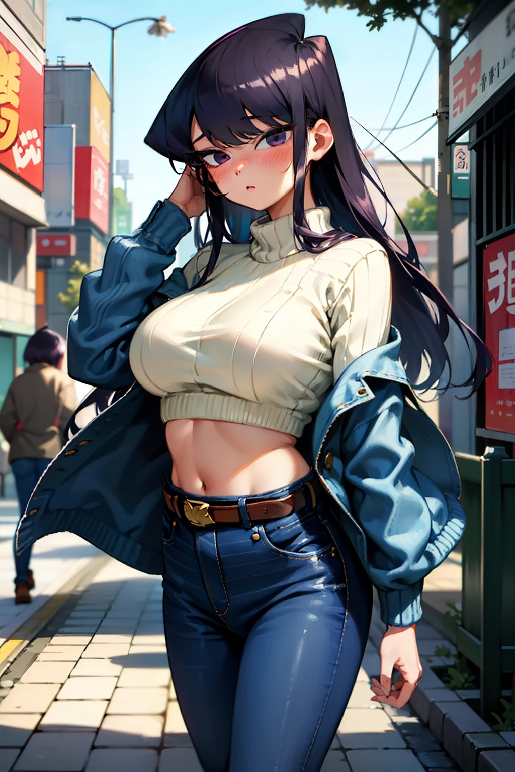 (komishuuko),beautiful,masterpiece, best quality, extremely detailed face,big breasts,looking at viewer, 1 girl, shy, blush, dark purple hair, ((long hair)), standing, japan street, ((light jeans)), (leather belt), wind, crop top 80s sweater