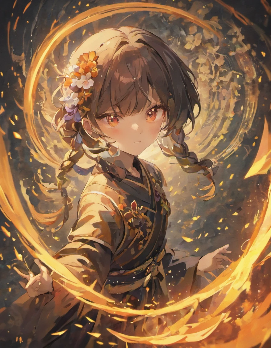 Portrait 1 Gender ambiguity,Western fantasy class,Flower magician,Black twist braid,orange eyes,Live inside the elm tree hole,Personality crumbs