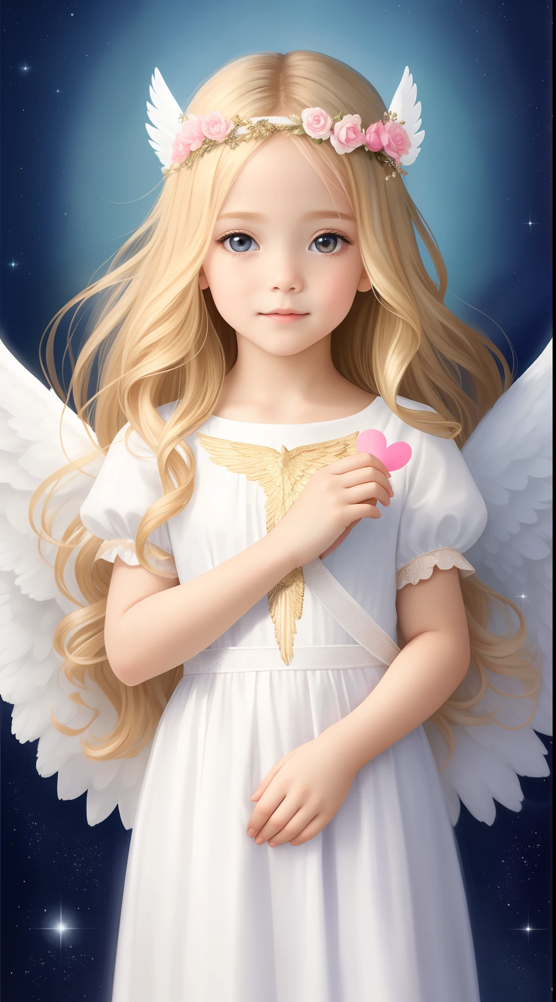 Image of a with long blonde hair and angel wings, of an beautiful angel girl, Portrait of a beautiful angel, Cute angel girl portrait, Beautiful Angel, Girl with angel wings, of beautiful angel, Angel Girl, Angelic face, angelic light, winged girl angel, Become a brilliant angel, Adorable Digital Paint, Cute Female Angel, beautiful angelic wings、Bright background、Holding a Pink Heart