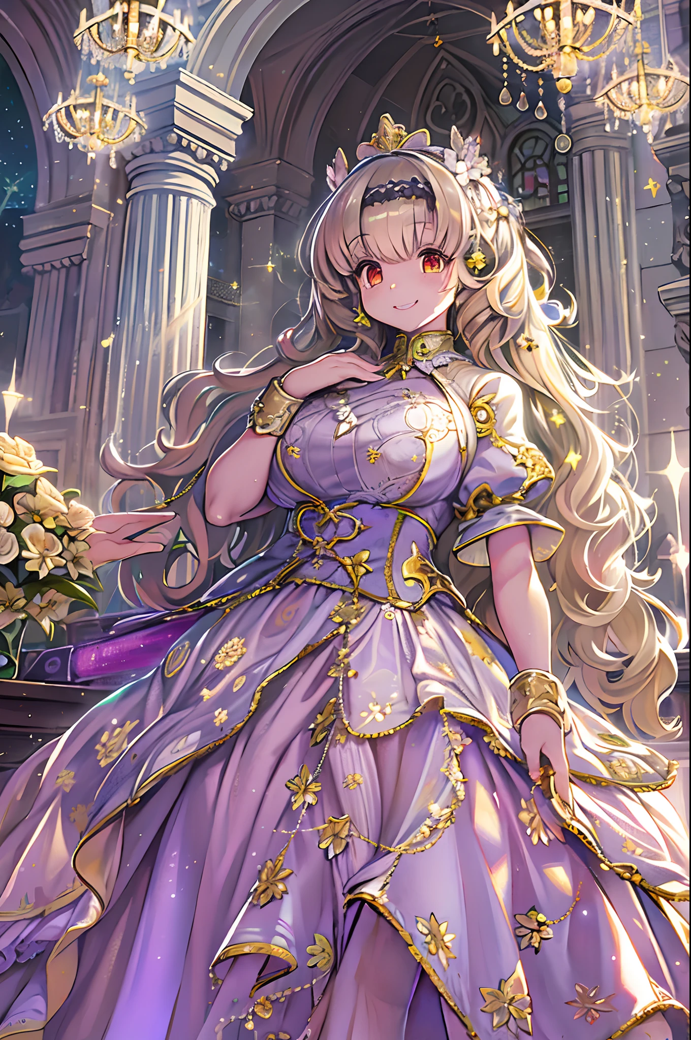 dramatic compositions, Dress in court style, royal, Gorgeous, Cascade frills, frilld, the bow, crystal chandeliers, Roman curly hairstyles, ponet, Double ponytail like a drill, Look at the camera, Bangs, maximalism, palace background, Delicate depiction of hair and eyes, Princess Dresses, Gorgeous skirts, Flowers in hand, Smiles, Starry eyes, Cinematic Light, Extreme Detail, High Definition, happy girl, Very long hair, Diamonds, Broken Diamond, Junction chips, light Particle,bbw