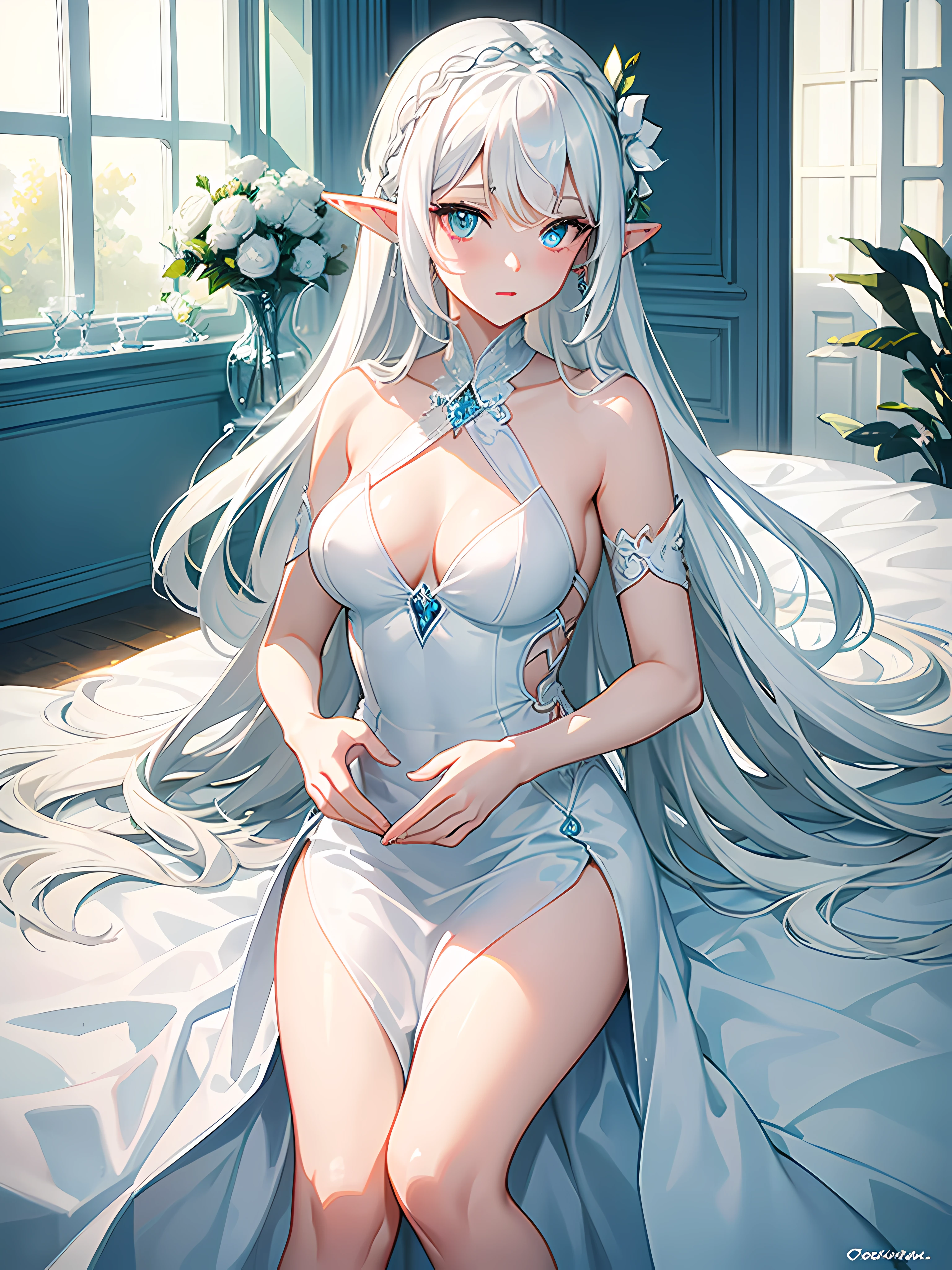 (masterpiece), best quality, expressive eyes, perfect face, cocktail dress, elegant dress, long white dress, sexy, (white hair), elf ears, turquoise eyes, window, sunlight, white room, playful