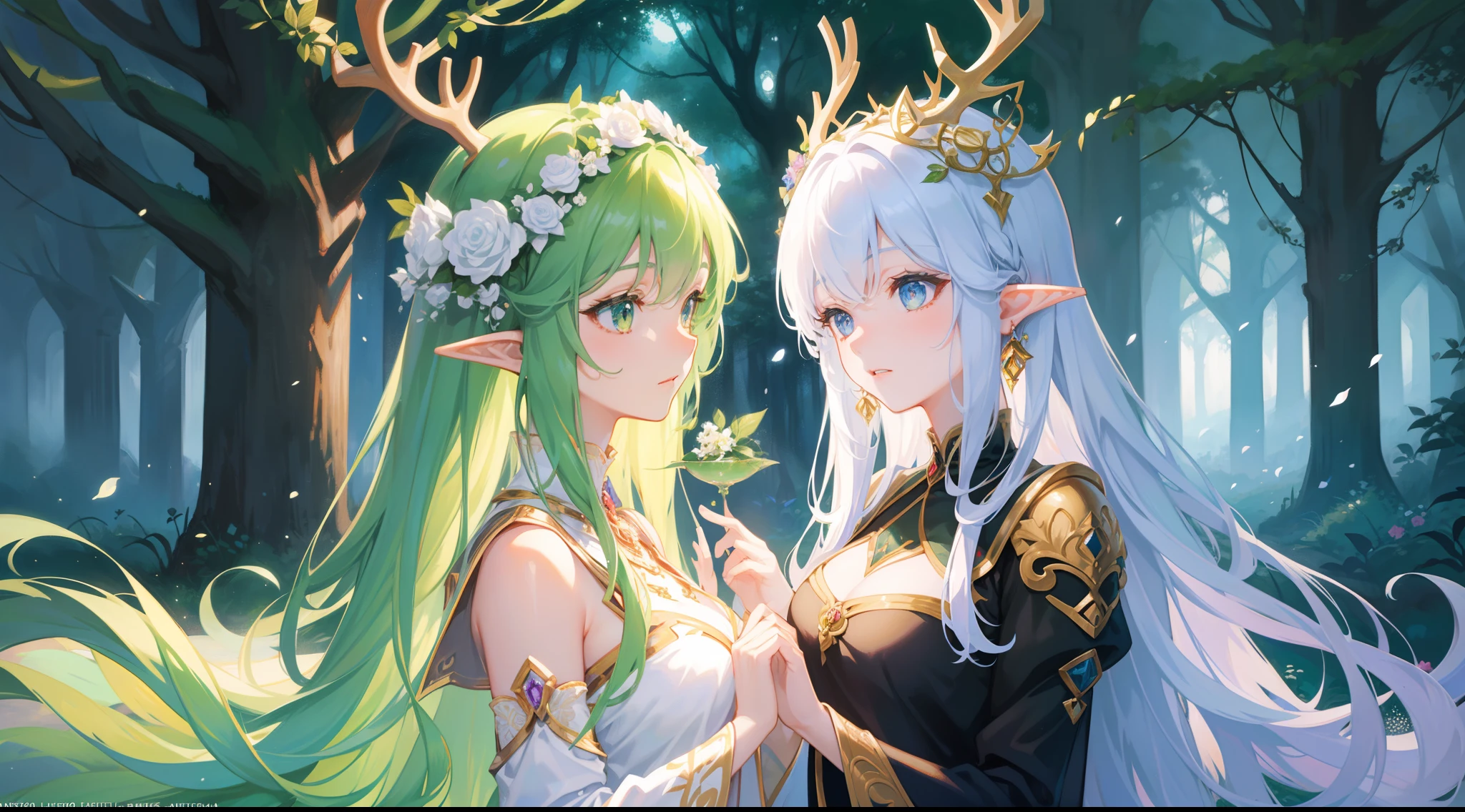 high high quality,tmasterpiece,Delicate facial features,Delicate hair,Delicate eyes,Delicate hair,animemanga girl,deer antlers,Black color hair,florals, Dreamy style, Fantastic flower garden,fantasy style clothing,Romantic dress, beautiful and elegant elf queen, a beautiful fantasy empress, Fantasy art style, ((a beautiful fantasy empress)), Anime fantasy illustration, high priestess, fey queen of the summer forest, anime art nouveau, goddess of the forest, portrait of an elf queen, A beautiful artwork illustration,8K high quality detailed art(Delicate facial portrayal)(Fine hair depiction)(highest quality)(Master masterpieces)(High degree of completion)(a sense of atmosphere)8k wallpaper,tmasterpiece,Best quality at best,ultra - detailed