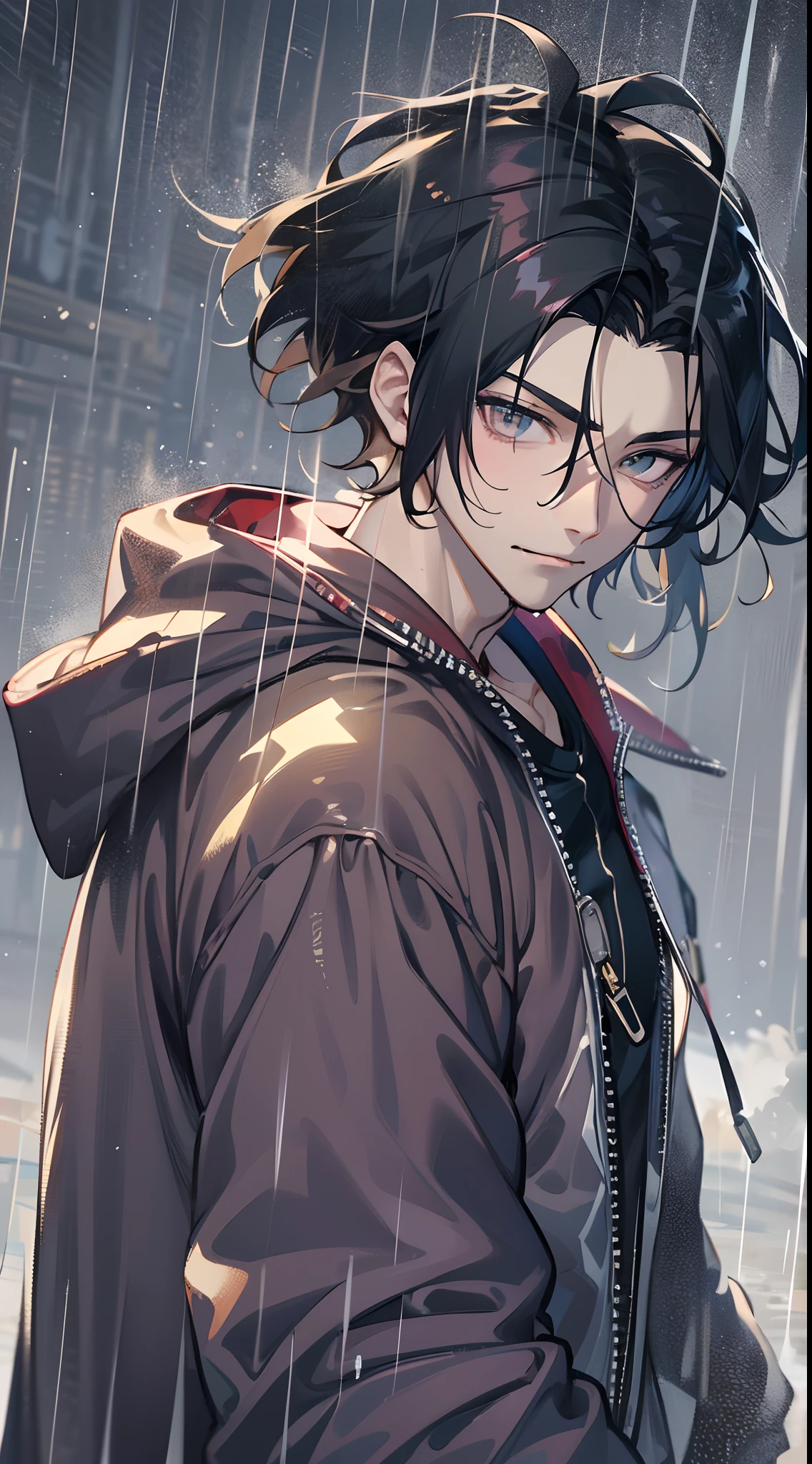 tmasterpiece,Need,超高分辨率,shoun,(with short black hair),Handsome man,reed bush,Walk in the rain,rain,glomy,track suit,((The wind blows up clothes))