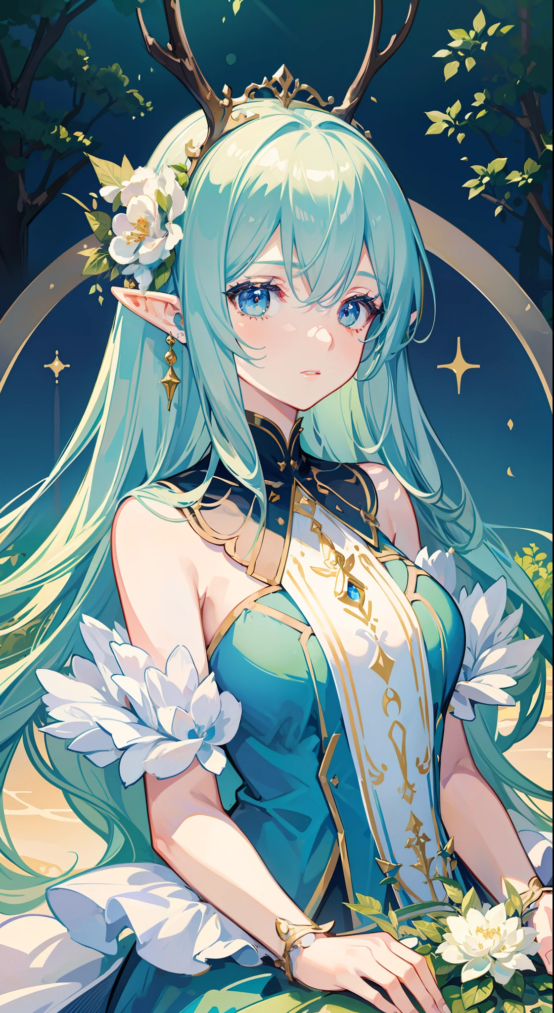 high high quality，tmasterpiece，Delicate facial features，Delicate hair，Delicate eyes，Delicate hair，animemanga girl，deer antlers，Black color hair，florals, Dreamy style, Fantastic flower garden，fantasy style clothing,Romantic dress,  beautiful and elegant elf queen, a beautiful fantasy empress, Fantasy art style, ((a beautiful fantasy empress)), Anime fantasy illustration, high priestess, fey queen of the summer forest, anime art nouveau, goddess of the forest, portrait of an elf queen, A beautiful artwork illustration，8K high quality detailed art（Delicate facial portrayal）（Fine hair depiction）（highest  quality）（Master masterpieces）（High degree of completion）（a sense of atmosphere）8k wallpaper，tmasterpiece，Best quality at best，ultra - detailed