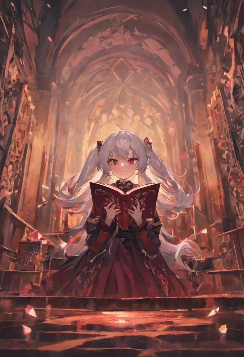 vampire girl with white hair Twin-tailed red eyes Having a book