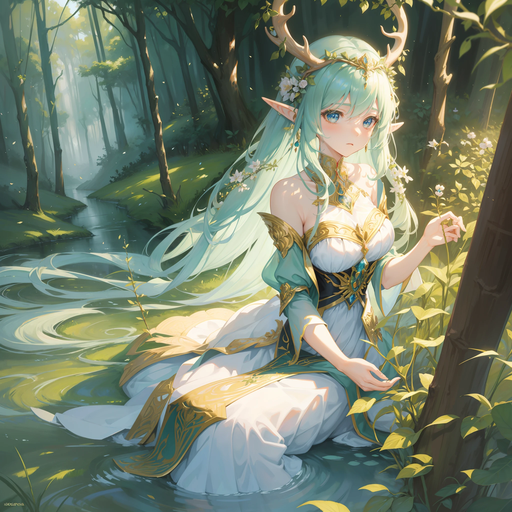 photo of a sorceress, 3sterexposito: ediecamp:0.7, intricate encrusted with jewels transparent robes, long ginger hair, braids, ornate jeweled necklace, circlet, armlet, thighlet, straps, sitting in a reflecting pool , cavern, low fog, candles, erotic, fantasy , skinny , smile , toned abs, hip lines, groin, waterfall, water lilies, lily pads, tropical, plants,