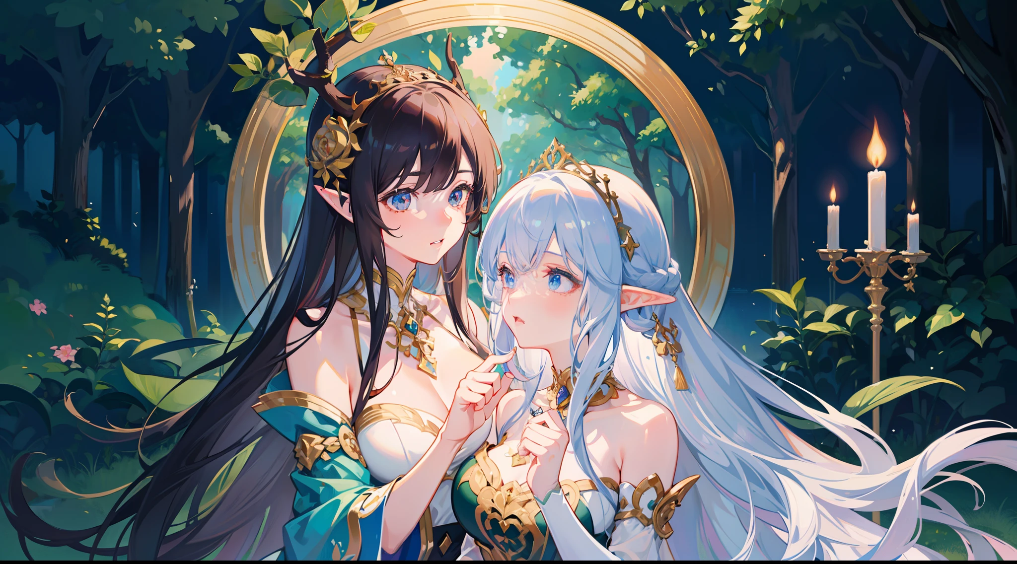 high high quality,tmasterpiece,Delicate facial features,Delicate hair,Delicate eyes,Delicate hair,animemanga girl,deer antlers,Black color hair,florals, Dreamy style, Fantastic flower garden,fantasy style clothing,Romantic dress, beautiful and elegant elf queen, a beautiful fantasy empress, Fantasy art style, ((a beautiful fantasy empress)), Anime fantasy illustration, high priestess, fey queen of the summer forest, anime art nouveau, goddess of the forest, portrait of an elf queen, A beautiful artwork illustration,8K high quality detailed art(Delicate facial portrayal)(Fine hair depiction)(highest quality)(Master masterpieces)(High degree of completion)(a sense of atmosphere)8k wallpaper,tmasterpiece,Best quality at best,ultra - detailed