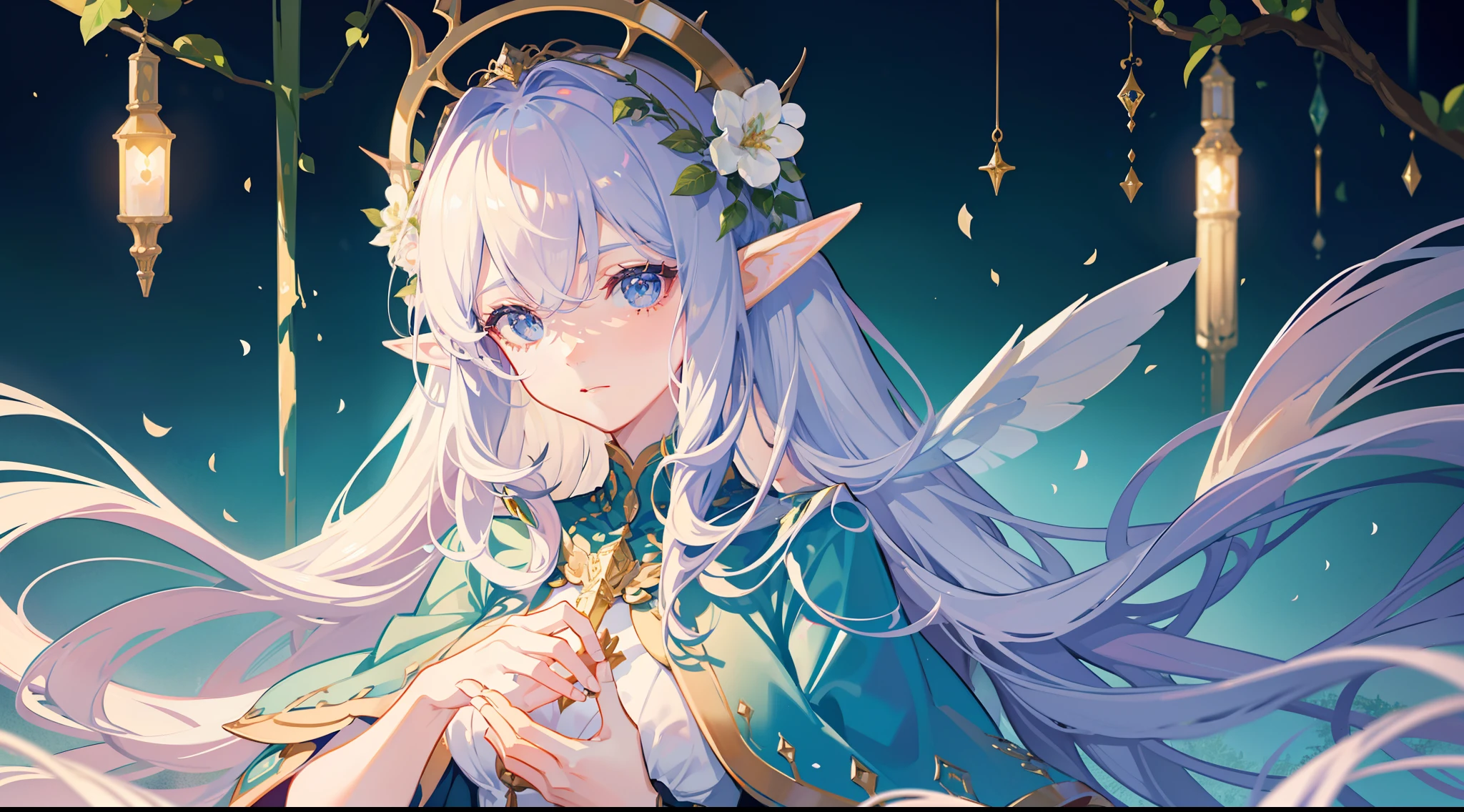 high high quality,tmasterpiece,Delicate facial features,Delicate hair,Delicate eyes,Delicate hair,animemanga girl,deer antlers,Black color hair,florals, Dreamy style, Fantastic flower garden,fantasy style clothing,Romantic dress, beautiful and elegant elf queen, a beautiful fantasy empress, Fantasy art style, ((a beautiful fantasy empress)), Anime fantasy illustration, high priestess, fey queen of the summer forest, anime art nouveau, goddess of the forest, portrait of an elf queen, A beautiful artwork illustration,8K high quality detailed art(Delicate facial portrayal)(Fine hair depiction)(highest quality)(Master masterpieces)(High degree of completion)(a sense of atmosphere)8k wallpaper,tmasterpiece,Best quality at best,ultra - detailed