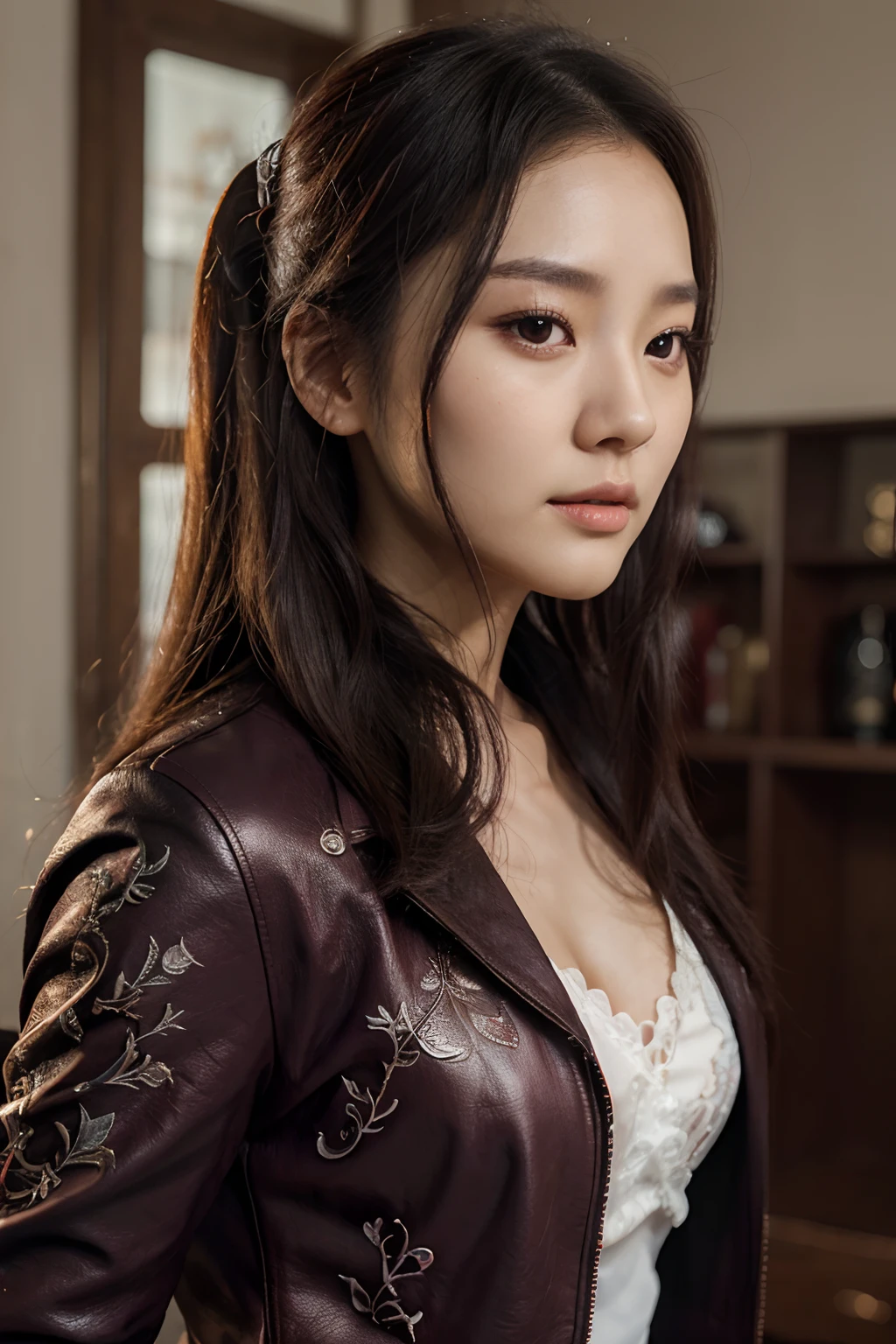 Visual impact, Ultra-realistic 8K CG, Masterpiece, ((ultra-detailed background, delicate pattern, intriciate detail)), Best Quality, hyper detailed face, extremely detailed eyes and face, very detail eyes,1Girl,Long black hair, pony-tail, red bow in hair, Bright purple eyes, Red leather biker jacket,Close-up of a woman with long hair, kwak ji young, Songs inspired by Tang Sin Yun Sandara, female actress from korea, jaeyeon nam, 
Lee Ji-eun, Izzy-silver(Lee Ji - Eun), Korean Woman, Normal number (Sangsoo Jeong), heonhwa choe, beautiful south korean woman, hwang se - on