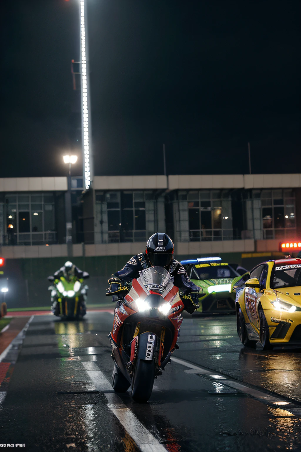best quality,4k,ultra-detailed,realistic,masterpiece:1.2,motoGP race,rainy day,dramatic lighting,action-packed,fast-paced,rain-soaked track,motorcycles skidding,powerful engines,athletic riders,enthusiastic crowd,adrenaline-filled atmosphere,electric atmosphere,roaring engines,high-speed turns,challenging conditions,raindrops on helmets,wet asphalt,shiny reflection,dynamic composition,motion blur,determined racers,racing suits,visors down,fast and furious,competitive racing,thrilling moments,exciting overtakes,intense competition,loud cheers,passionate fans,flags waving,amazing skills,breathtaking speed