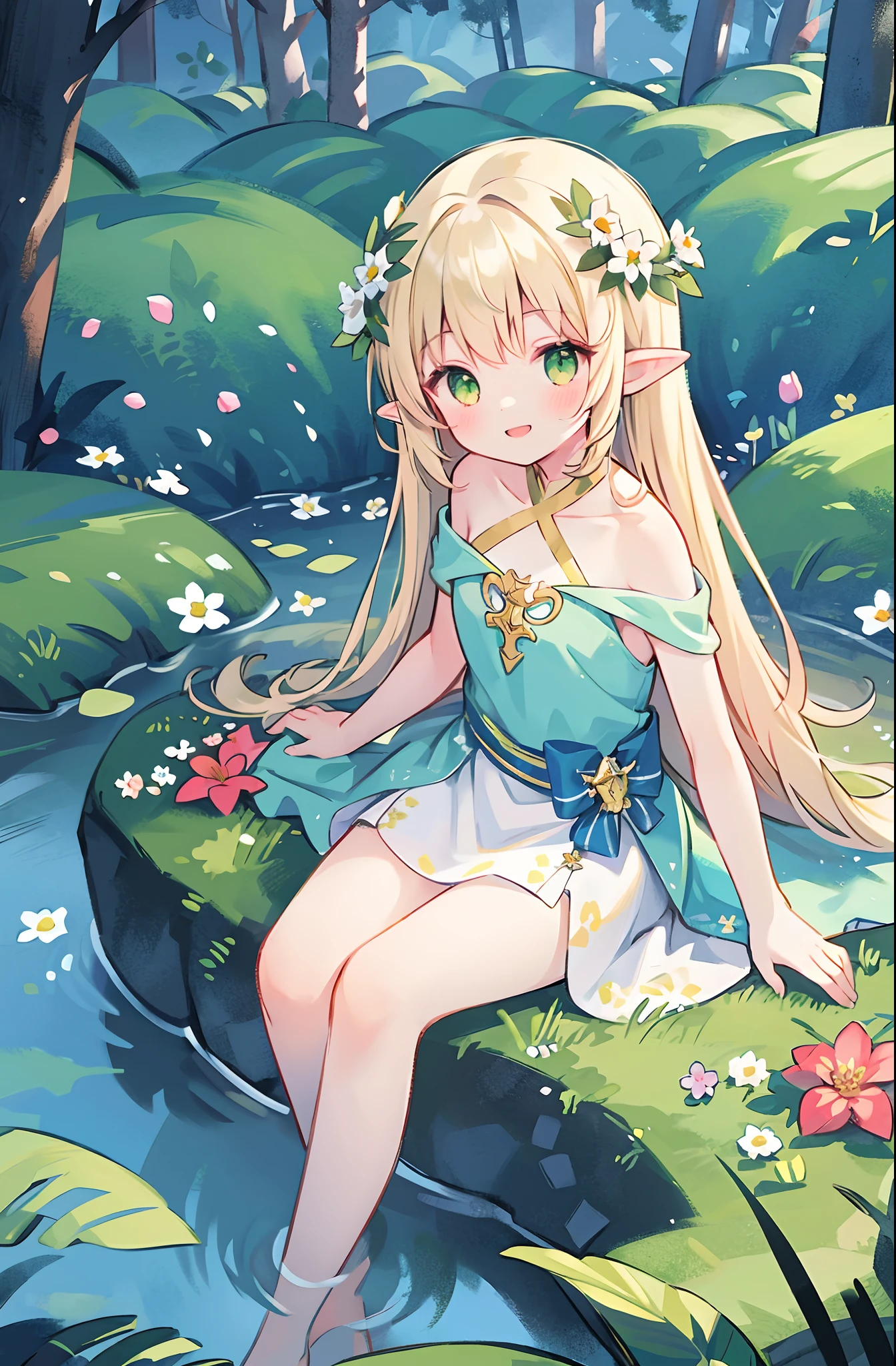 Masterpiece, best quality, illustration, colorful, landscape, fantasy, forest, 1girl, girly, face focus, skinny, bare shoulders, clavicle, detailed golden long hair, green eyes, pointy ears, holy smile , wreath, white dress, holy light, forest, sea of trees, flowers, sitting on the ground