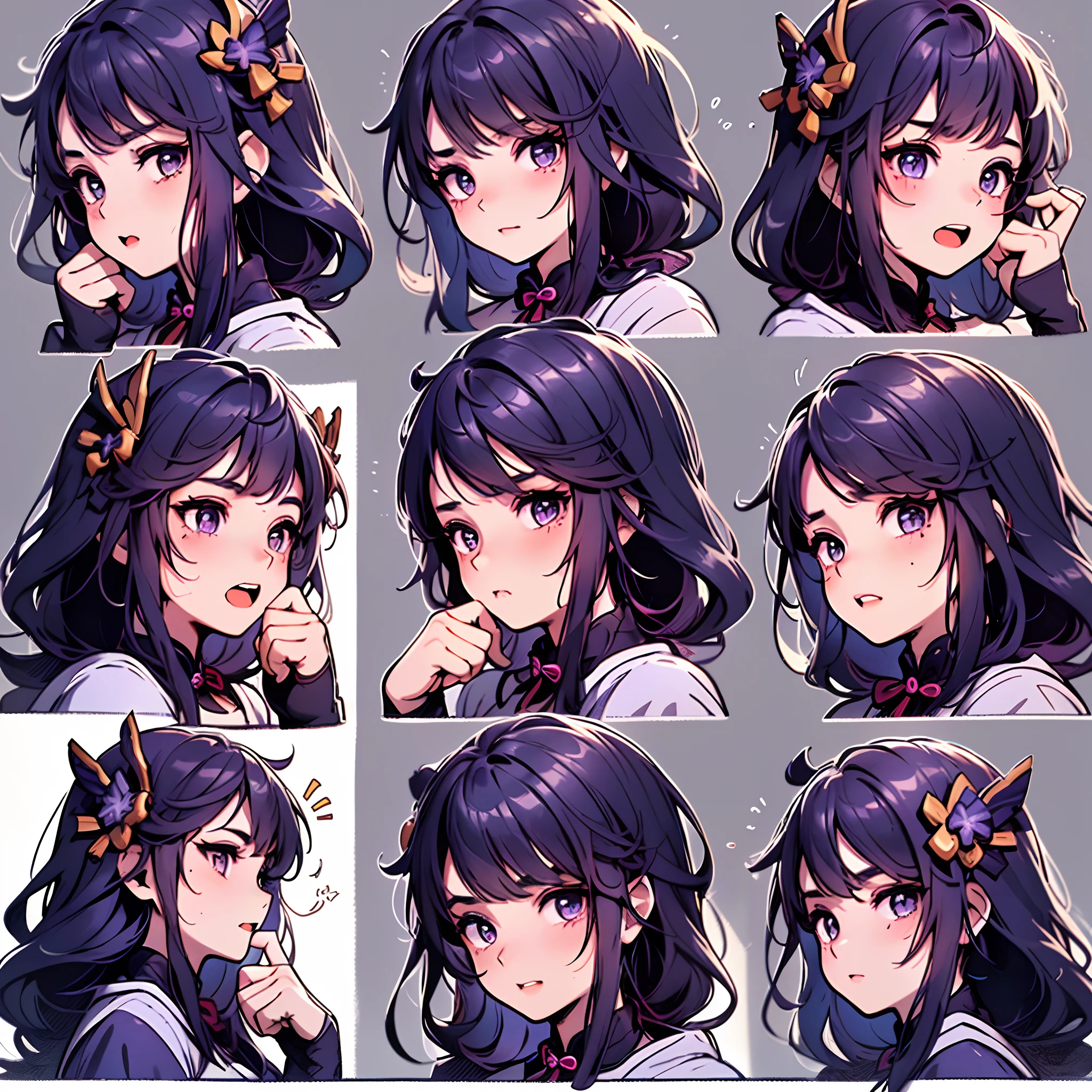 1girll, (Raiden general, Raiden general),(9 grids,3*3 grids,9 emoji packs,9 poses and expressions),Disney style,Black strokes,Different emotions,8K