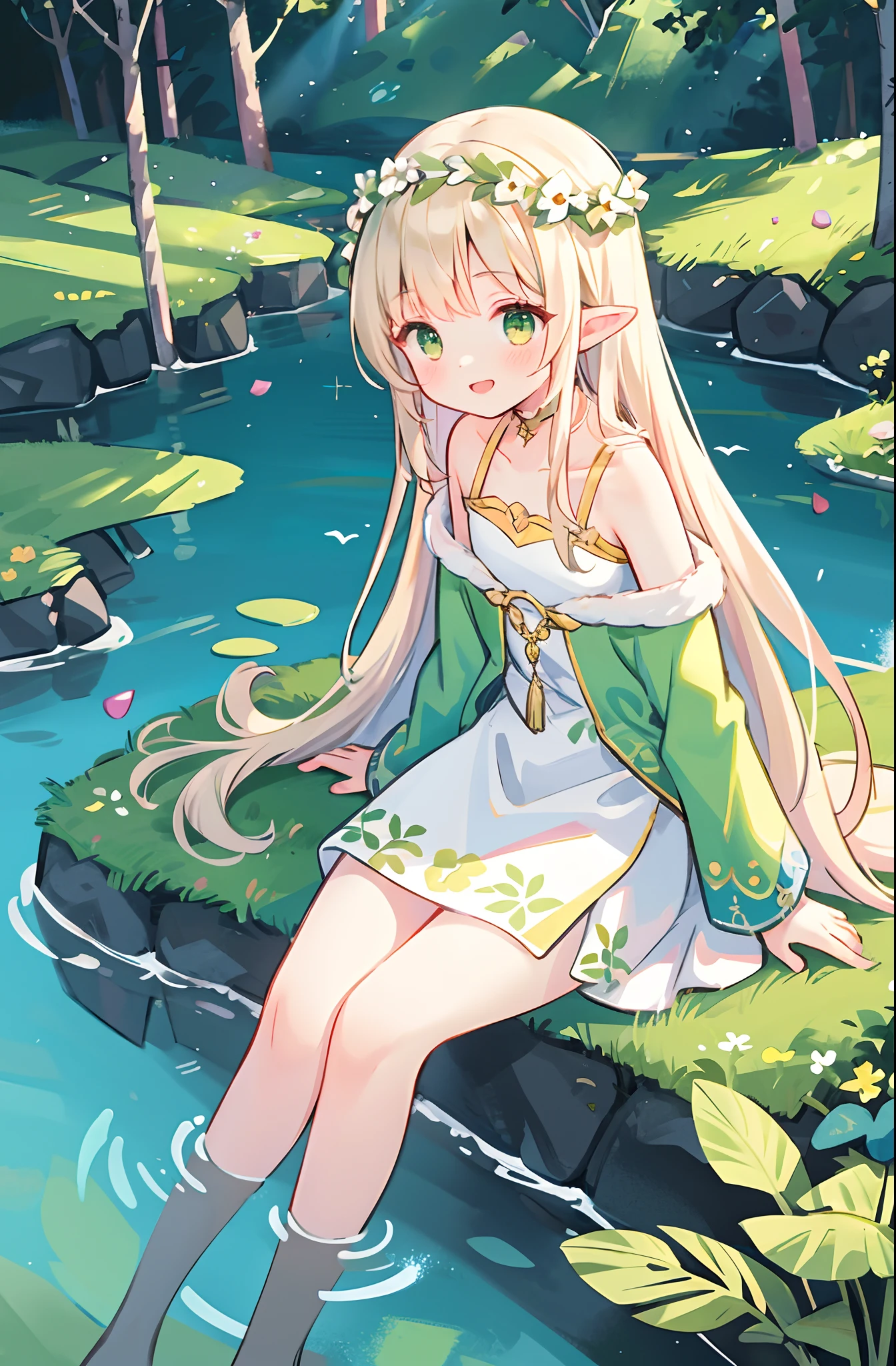 Masterpiece, best quality, illustration, colorful, landscape, fantasy, forest, 1girl, girly, face focus, skinny, bare shoulders, clavicle, detailed golden long hair, green eyes, pointy ears, holy smile , wreath, white dress, holy light, forest, sea of trees, flowers, sitting on the ground
