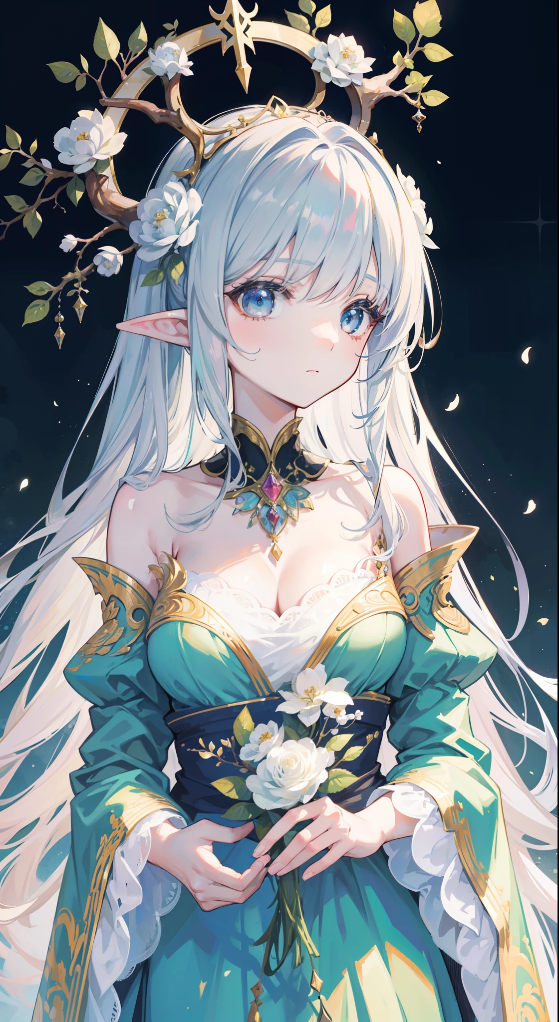 high high quality，tmasterpiece，Delicate facial features，Delicate hair，Delicate eyes，Delicate hair，animemanga girl，deer antlers，Black color hair，florals, Dreamy style, Fantastic flower garden，fantasy style clothing,Romantic dress,  beautiful and elegant elf queen, a beautiful fantasy empress, Fantasy art style, ((a beautiful fantasy empress)), Anime fantasy illustration, high priestess, fey queen of the summer forest, anime art nouveau, goddess of the forest, portrait of an elf queen, A beautiful artwork illustration，8K high quality detailed art（Delicate facial portrayal）（Fine hair depiction）（highest  quality）（Master masterpieces）（High degree of completion）（a sense of atmosphere）8k wallpaper，tmasterpiece，Best quality at best，ultra - detailed