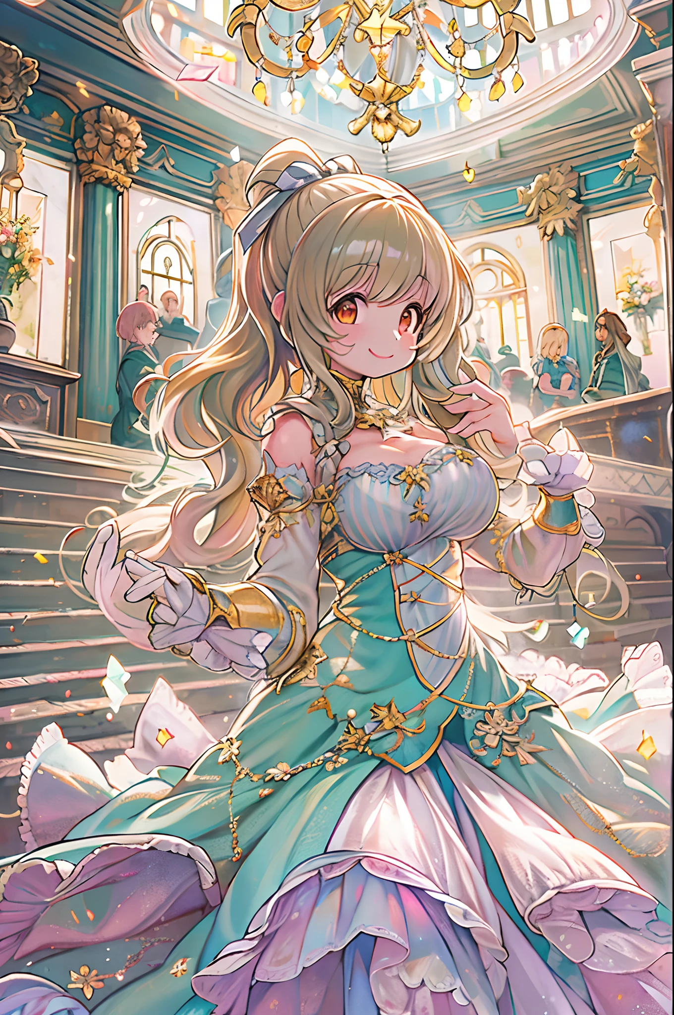 dramatic compositions, Dress in court style, royal, Gorgeous, Cascade frills, frilld, the bow, crystal chandeliers, Roman curly hairstyles, ponet, Double ponytail like a drill, Look at the camera, Bangs, maximalism, palace background, Delicate depiction of hair and eyes, Princess Dresses, Gorgeous skirts, Flowers in hand, Smiles, Starry eyes, Cinematic Light, Extreme Detail, High Definition, happy girl, Very long hair, Diamonds, Broken Diamond, Junction chips, light Particle,bbw