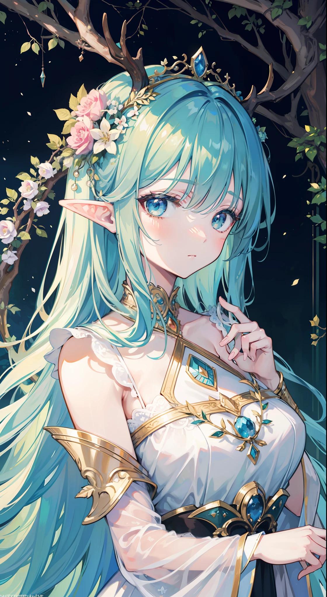 high high quality，tmasterpiece，Delicate facial features，Delicate hair，Delicate eyes，Delicate hair，animemanga girl，deer antlers，Black color hair，florals, Dreamy style, Fantastic flower garden，fantasy style clothing,Romantic dress,  beautiful and elegant elf queen, a beautiful fantasy empress, Fantasy art style, ((a beautiful fantasy empress)), Anime fantasy illustration, high priestess, fey queen of the summer forest, anime art nouveau, goddess of the forest, portrait of an elf queen, A beautiful artwork illustration，8K high quality detailed art（Delicate facial portrayal）（Fine hair depiction）（highest  quality）（Master masterpieces）（High degree of completion）（a sense of atmosphere）8k wallpaper，tmasterpiece，Best quality at best，ultra - detailed