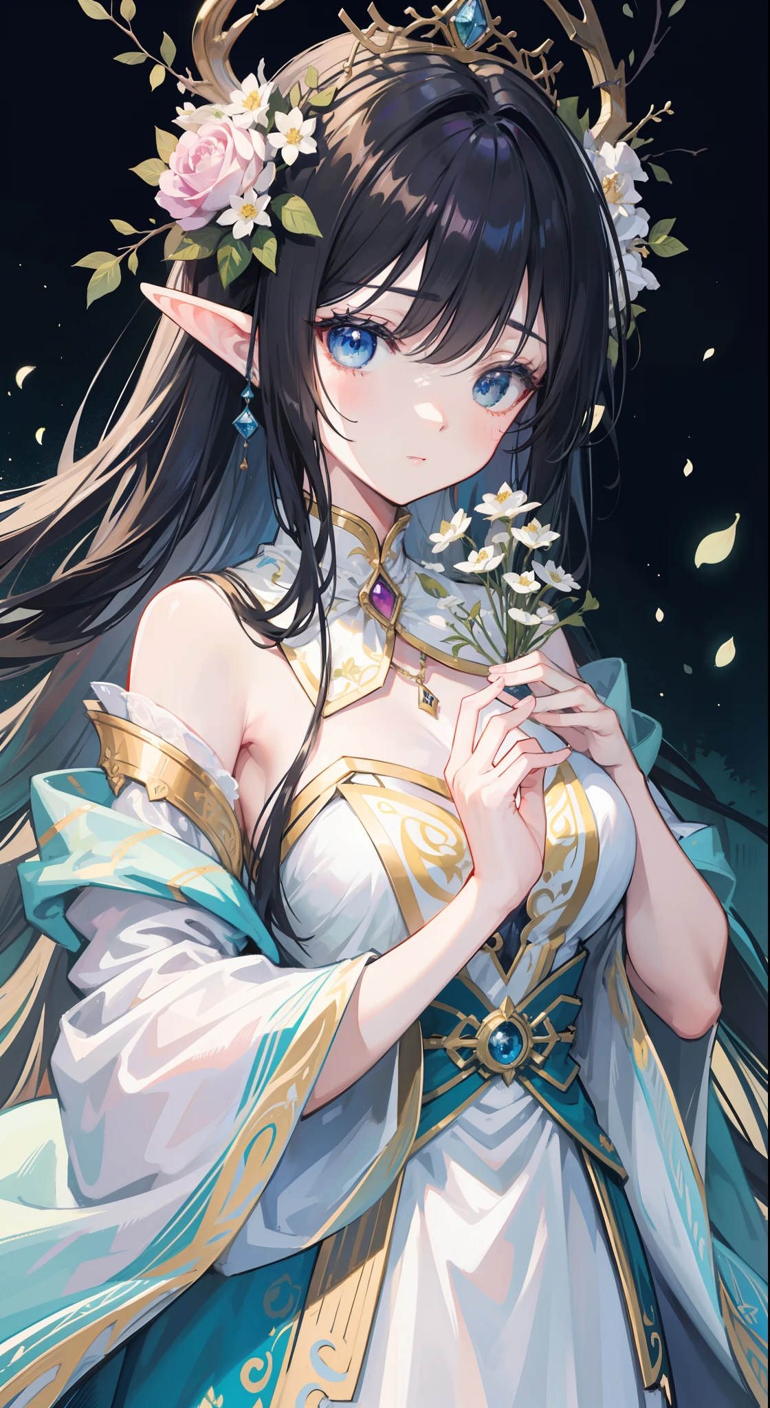 high high quality，tmasterpiece，Delicate facial features，Delicate hair，Delicate eyes，Delicate hair，animemanga girl，deer antlers，Black color hair，florals, Dreamy style, Fantastic flower garden，fantasy style clothing,Romantic dress,  beautiful and elegant elf queen, a beautiful fantasy empress, Fantasy art style, ((a beautiful fantasy empress)), Anime fantasy illustration, high priestess, fey queen of the summer forest, anime art nouveau, goddess of the forest, portrait of an elf queen, A beautiful artwork illustration，8K high quality detailed art（Delicate facial portrayal）（Fine hair depiction）（highest  quality）（Master masterpieces）（High degree of completion）（a sense of atmosphere）8k wallpaper，tmasterpiece，Best quality at best，ultra - detailed