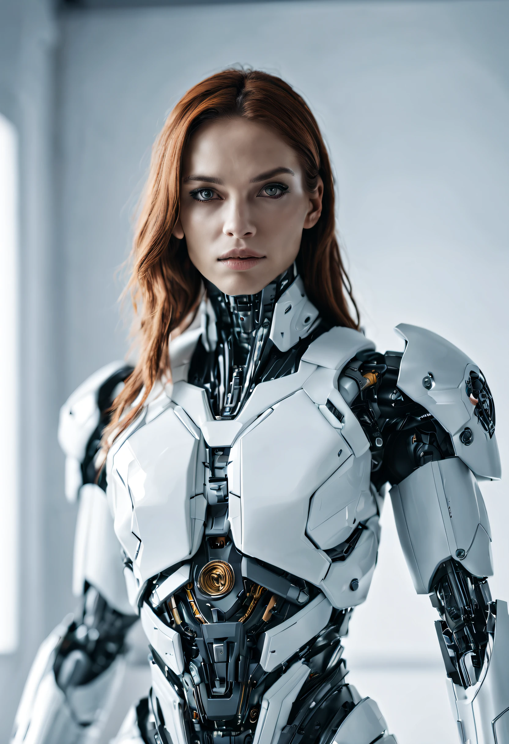 A gorgeous Fighter Cyborg Artificial Intelligent standing in a clean white room, portrait, shallow depth of field , cinematic, dramatic light