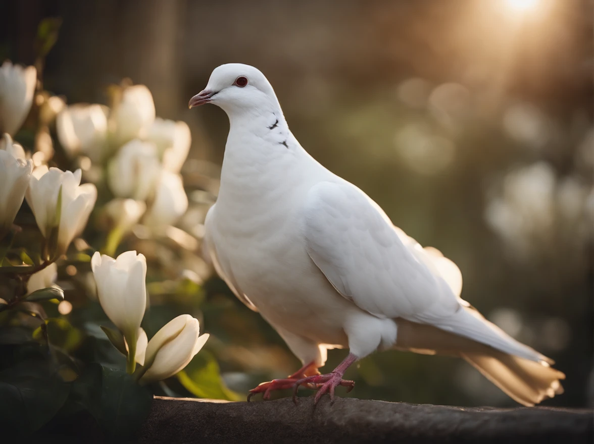 a White dove carries a branch with their beaks., country is in ruins, white lily \(flower\),
look at a camera, soft volumetric lights, (backlit:1.3), (cinematic:1.2), intricate details, (ArtStation:1.3), realistic, masterpiece, high quality,