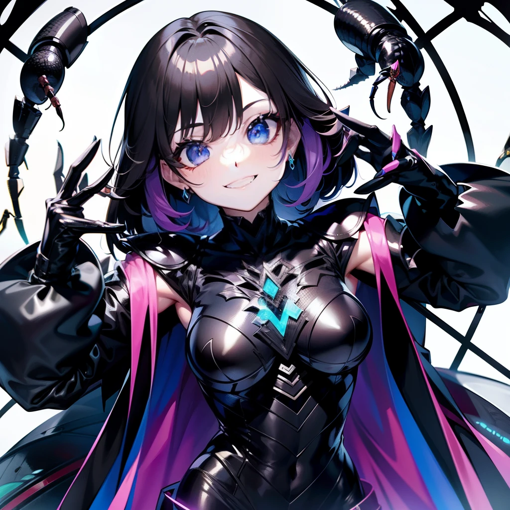Beautiful girl fused with a scorpion. (High quality) gothic dress. body suit. cyber style. Circuit pattern. Biological Armor. fearless smile.