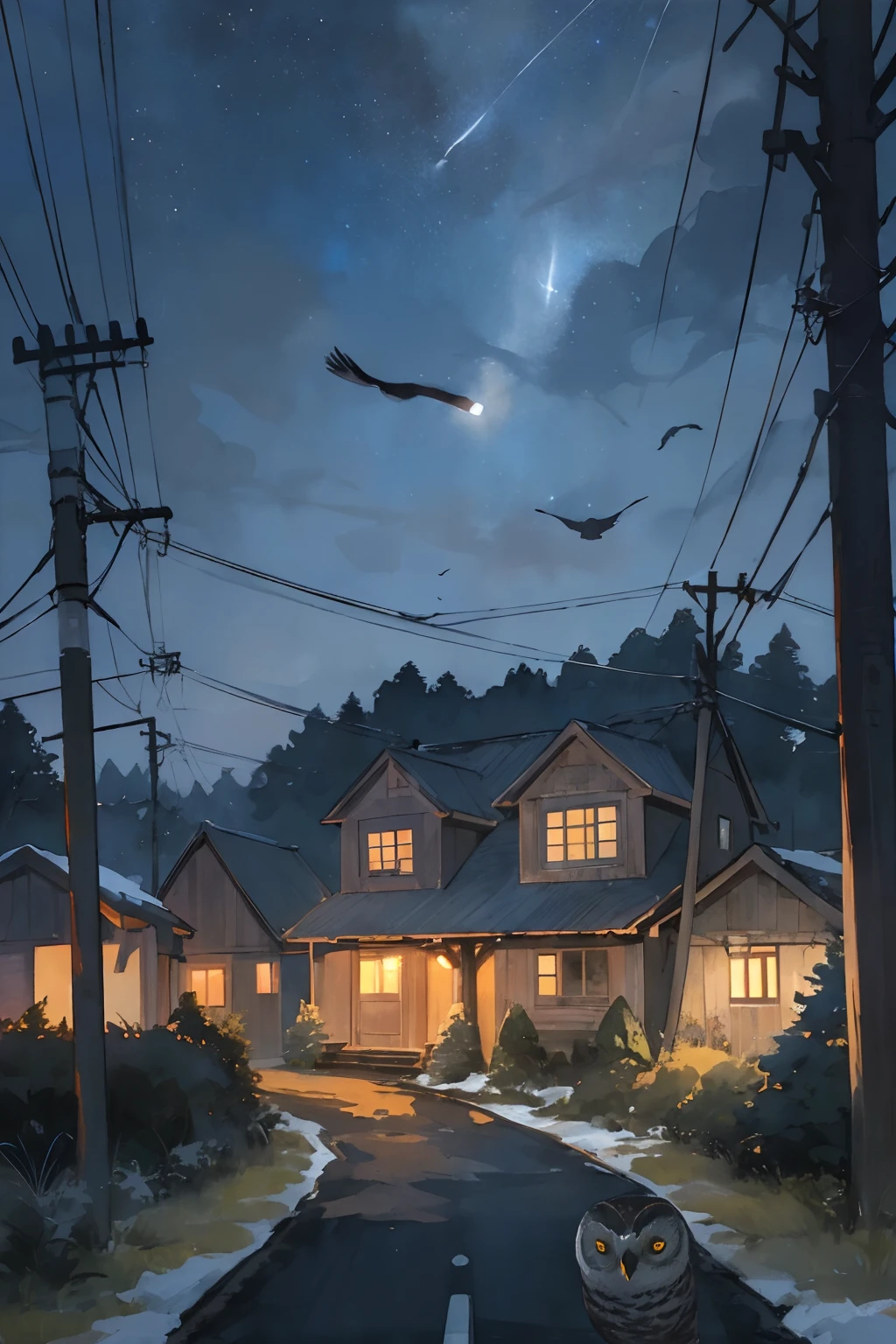 (owl:1.3), birds, outdoors, power lines, house, sky, utility pole, tree, scenery, traditional media, night,, plant, dark sky, starry sky, road, building, bush, grass, painting , watercolor , town