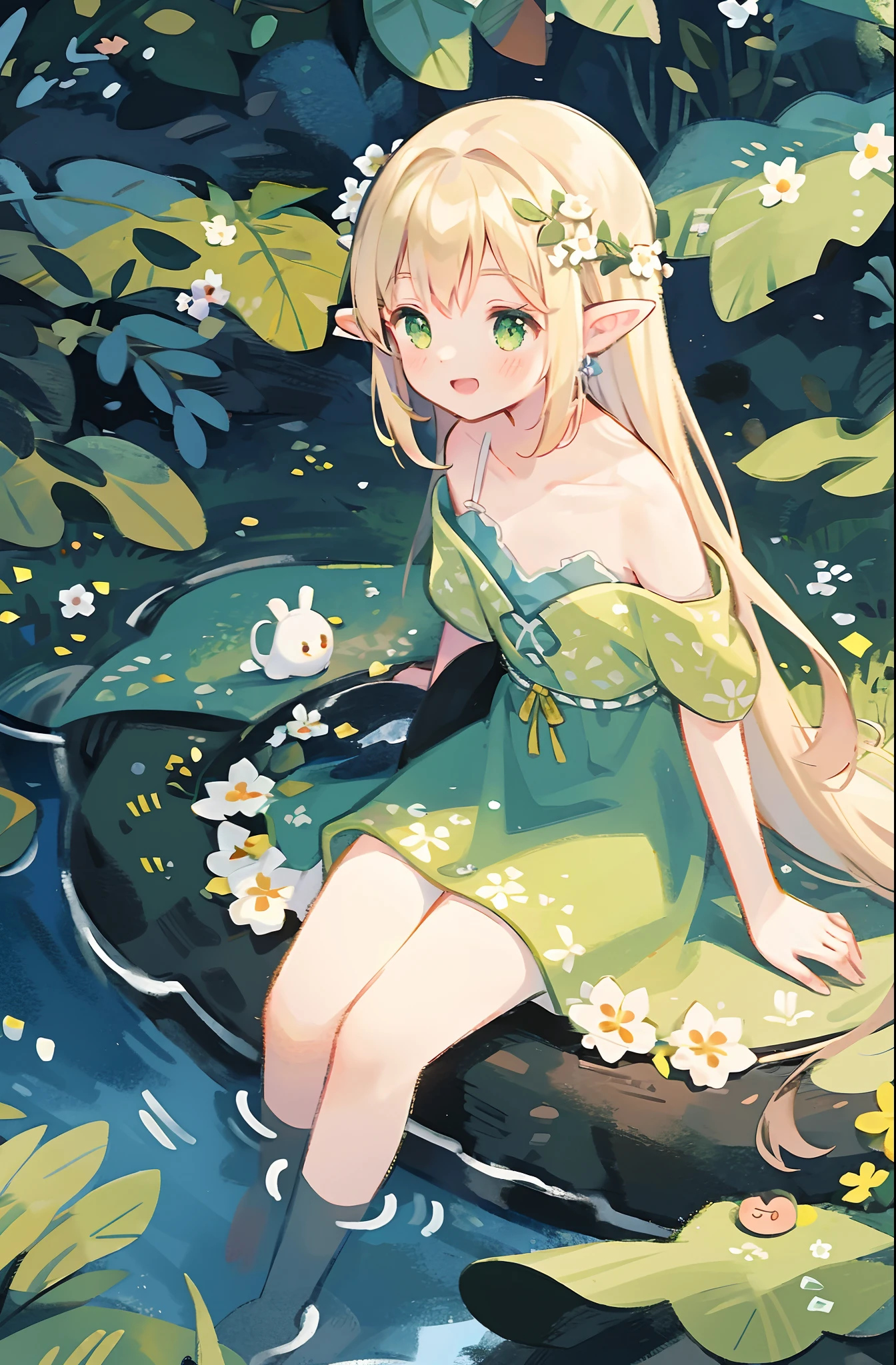 Masterpiece, best quality, illustration, colorful, landscape, fantasy, forest, 1girl, girly, face focus, skinny, bare shoulders, clavicle, detailed golden long hair, green eyes, pointy ears, holy smile , wreath, white dress, holy light, forest, sea of trees, flowers, sitting on the ground