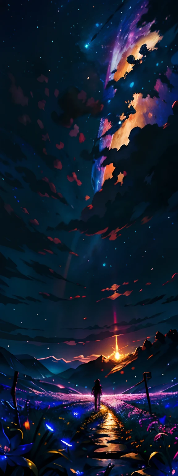 expansive landscape photograph , (a view from below that shows sky above and open field below), a girl standing on flower field looking up, (full moon:1.2), ( shooting stars:0.9), (nebula:1.3), distant mountain, tree BREAK
production art, (warm light source:1.2), (Firefly:1.2), lamp, lot of purple and orange, intricate details, volumetric lighting BREAK
(masterpiece:1.2), (best quality), 4k, ultra-detailed, (dynamic composition:1.4), highly detailed, colorful details,( iridescent colors:1.2), (glowing lighting, atmospheric lighting), dreamy, magical, (solo:1.2)