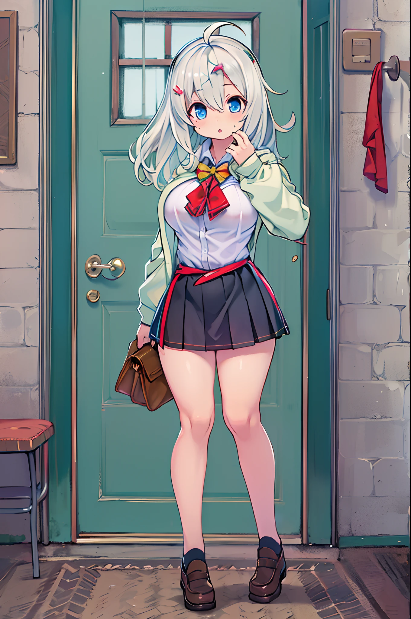 Arya, 1girl in, Solo, Long hair, Blue eyes, Ahoge, Bow, Looking at Viewer, Red bow, Jacket, bowtie, Long sleeves, breasts, Shirt, Open jacket, red bowtie, door, Cowboy Shot, Collared shirt, Indoors, School uniform, White hair, Standing, Open your clothes, Skirt, Bangs, Dress, Grey jacket, Black Dress, blush, Pleated skirt, Parted lips, medium breasts, pleated dress, White shirt, hair between eye, White jacket, Hand up, Blazer, Black skirt, thighs thighs thighs thighs, Open door, hallway