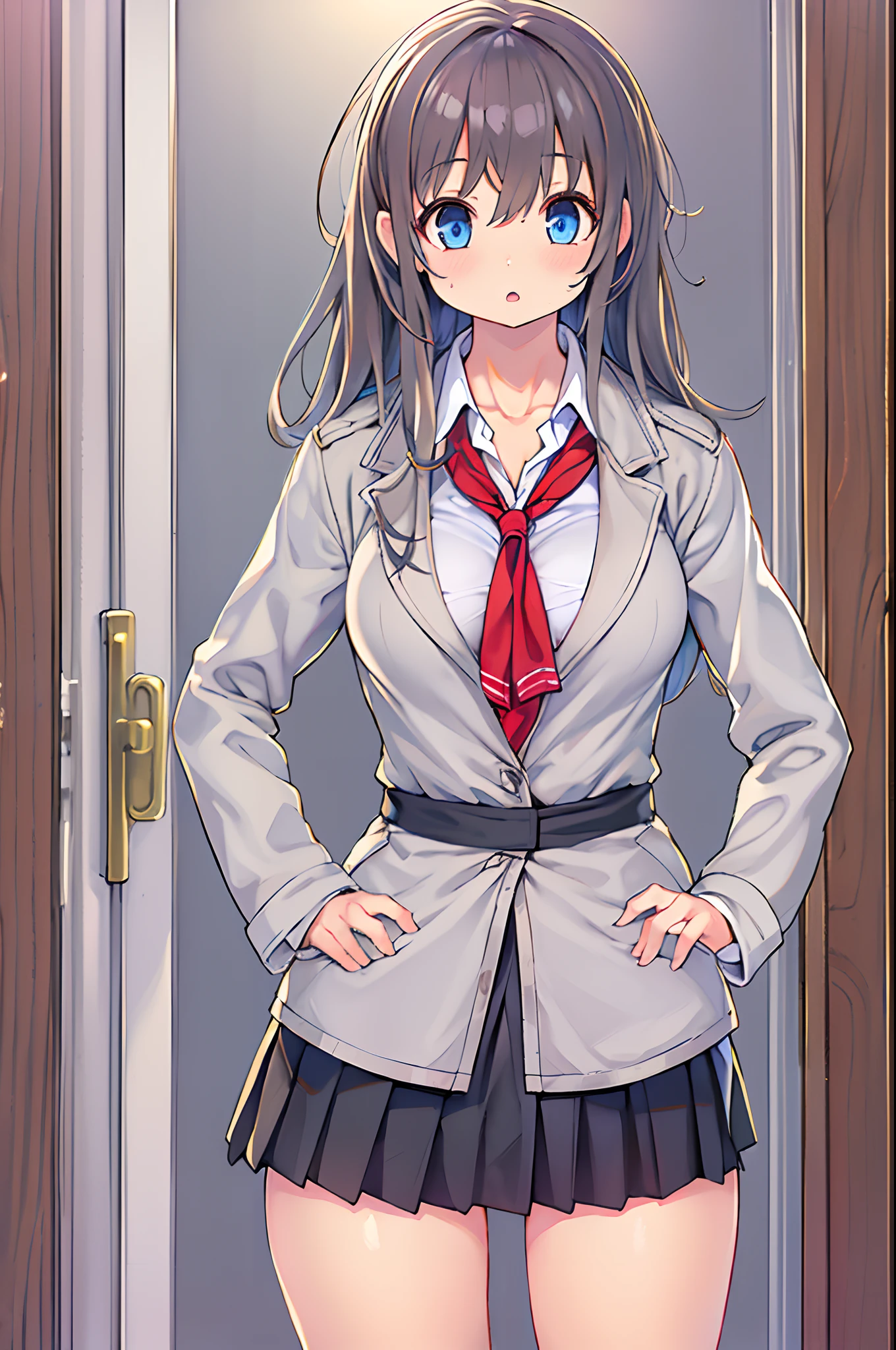 Arya, 1girl in, Solo, Long hair, Blue eyes, Ahoge, Bow, Looking at Viewer, Red bow, Jacket, bowtie, Long sleeves, breasts, Shirt, Open jacket, red bowtie, door, Cowboy Shot, Collared shirt, Indoors, School uniform, White hair, Standing, Open your clothes, Skirt, Bangs, Dress, Grey jacket, Black Dress, blush, Pleated skirt, Parted lips, medium breasts, pleated dress, White shirt, hair between eye, White jacket, Hand up, Blazer, Black skirt, thighs thighs thighs thighs, Open door, hallway