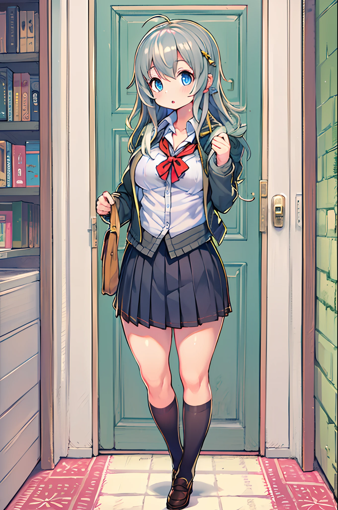 Arya, 1girl in, Solo, Long hair, Blue eyes, Ahoge, Bow, Looking at Viewer, Red bow, Jacket, bowtie, Long sleeves, breasts, Shirt, Open jacket, red bowtie, door, Cowboy Shot, Collared shirt, Indoors, School uniform, White hair, Standing, Open your clothes, Skirt, Bangs, Dress, Grey jacket, Black Dress, blush, Pleated skirt, Parted lips, medium breasts, pleated dress, White shirt, hair between eye, White jacket, Hand up, Blazer, Black skirt, thighs thighs thighs thighs, Open door, hallway