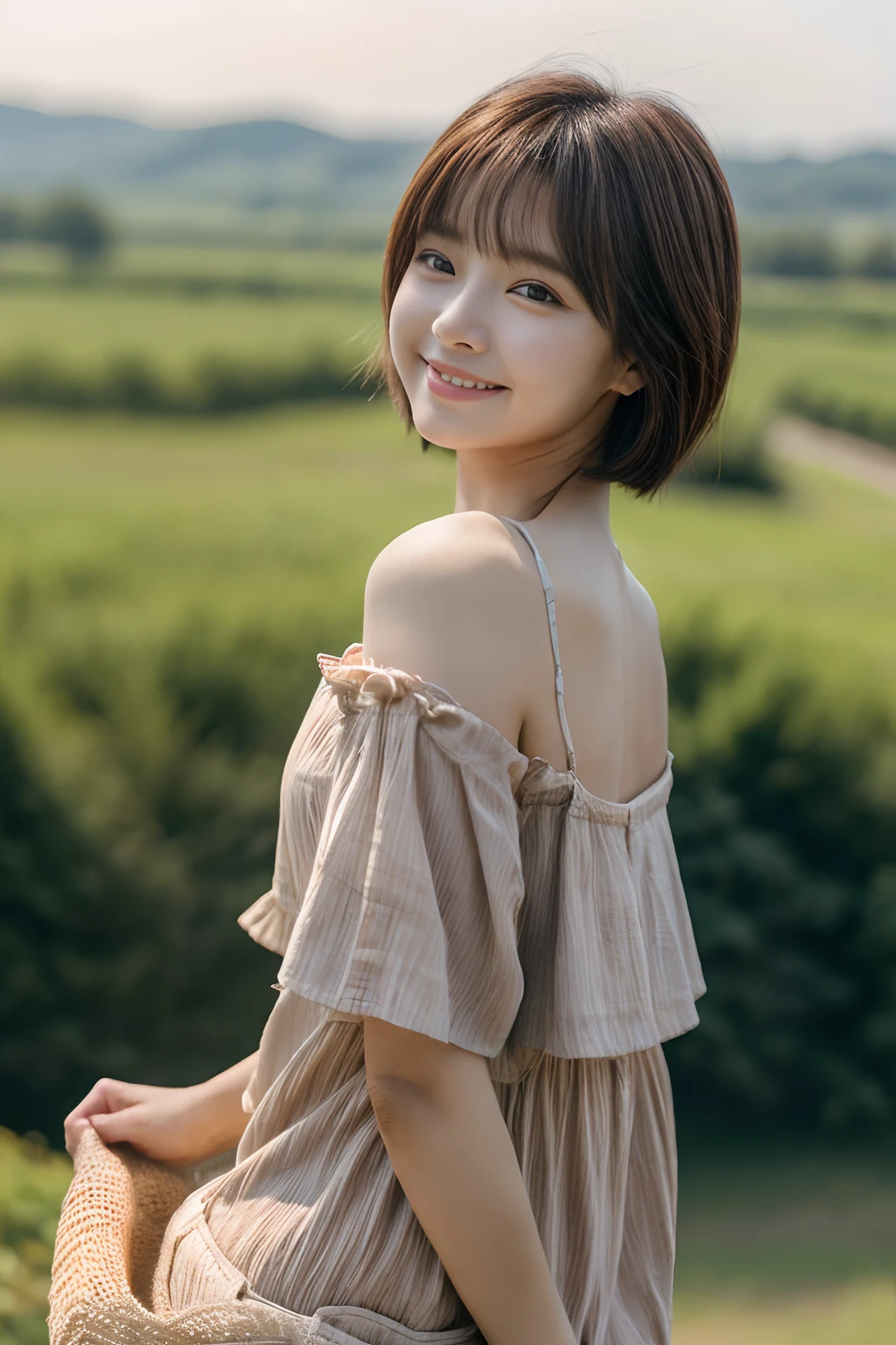 masterpiece、4K、top-quality、beautiful Korean women、detail portrayal、1 girl in、23years old、(rompers:1.2)、bob cuts、naturey、depth of fields、cowboy shot、from side、(Angle from top:1.2)、ssmile、carefree