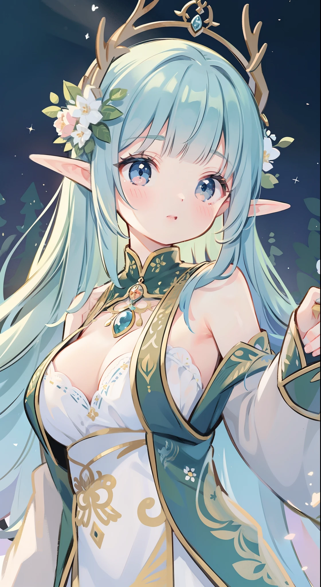 high high quality,tmasterpiece,Delicate facial features,Delicate hair,Delicate eyes,Delicate hair,animemanga girl,deer antlers,Black color hair,florals, Dreamy style, Fantastic flower garden,fantasy style clothing,Romantic dress, beautiful and elegant elf queen, a beautiful fantasy empress, Fantasy art style, ((a beautiful fantasy empress)), Anime fantasy illustration, high priestess, fey queen of the summer forest, anime art nouveau, goddess of the forest, portrait of an elf queen, A beautiful artwork illustration,8K high quality detailed art(Delicate facial portrayal)(Fine hair depiction)(highest quality)(Master masterpieces)(High degree of completion)(a sense of atmosphere)8k wallpaper,tmasterpiece,Best quality at best,ultra - detailed
