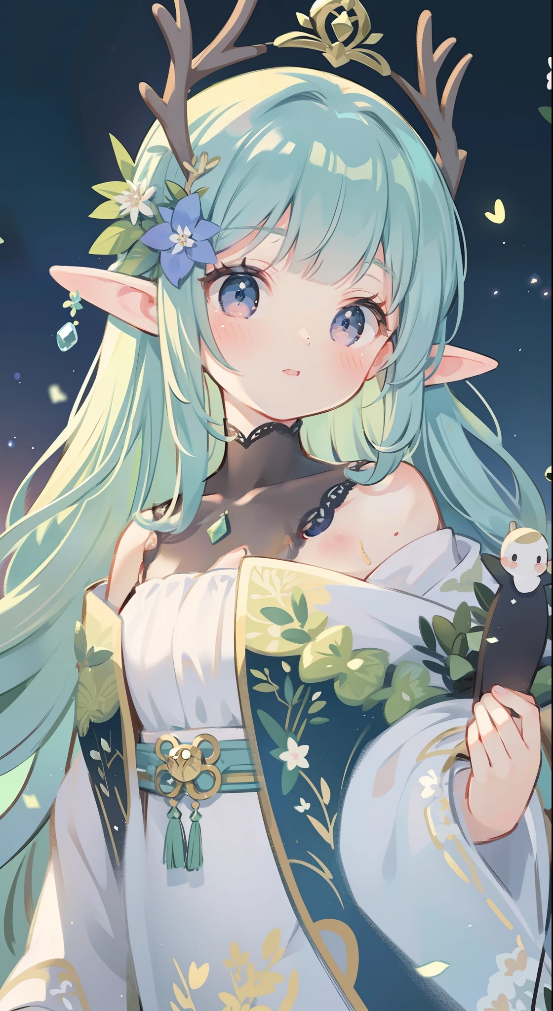 high high quality，tmasterpiece，Delicate facial features，Delicate hair，Delicate eyes，Delicate hair，animemanga girl，deer antlers，Black color hair，florals, Dreamy style, Fantastic flower garden，fantasy style clothing,Romantic dress,  beautiful and elegant elf queen, a beautiful fantasy empress, Fantasy art style, ((a beautiful fantasy empress)), Anime fantasy illustration, high priestess, fey queen of the summer forest, anime art nouveau, goddess of the forest, portrait of an elf queen, A beautiful artwork illustration，8K high quality detailed art（Delicate facial portrayal）（Fine hair depiction）（highest  quality）（Master masterpieces）（High degree of completion）（a sense of atmosphere）8k wallpaper，tmasterpiece，Best quality at best，ultra - detailed