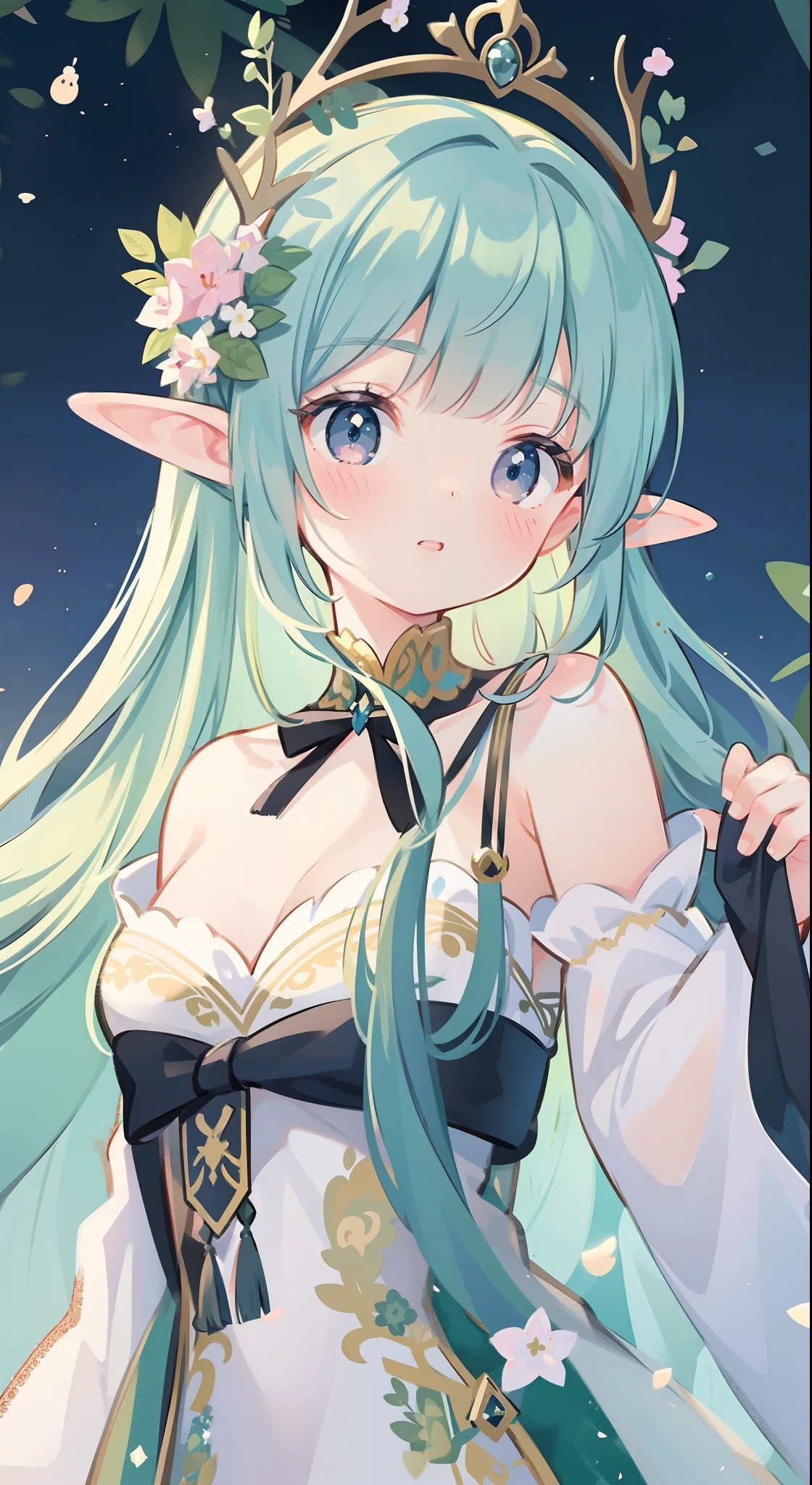 high high quality,tmasterpiece,Delicate facial features,Delicate hair,Delicate eyes,Delicate hair,animemanga girl,deer antlers,Black color hair,florals, Dreamy style, Fantastic flower garden,fantasy style clothing,Romantic dress, beautiful and elegant elf queen, a beautiful fantasy empress, Fantasy art style, ((a beautiful fantasy empress)), Anime fantasy illustration, high priestess, fey queen of the summer forest, anime art nouveau, goddess of the forest, portrait of an elf queen, A beautiful artwork illustration,8K high quality detailed art(Delicate facial portrayal)(Fine hair depiction)(highest quality)(Master masterpieces)(High degree of completion)(a sense of atmosphere)8k wallpaper,tmasterpiece,Best quality at best,ultra - detailed