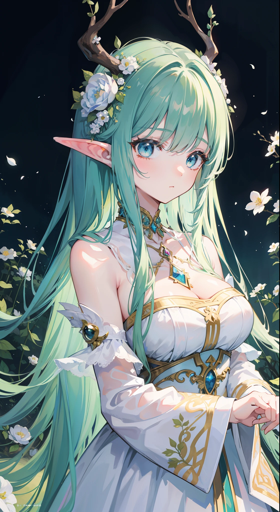 high high quality,tmasterpiece,Delicate facial features,Delicate hair,Delicate eyes,Delicate hair,animemanga girl,deer antlers,Black color hair,florals, Dreamy style, Fantastic flower garden,fantasy style clothing,Romantic dress, beautiful and elegant elf queen, a beautiful fantasy empress, Fantasy art style, ((a beautiful fantasy empress)), Anime fantasy illustration, high priestess, fey queen of the summer forest, anime art nouveau, goddess of the forest, portrait of an elf queen, A beautiful artwork illustration,8K high quality detailed art(Delicate facial portrayal)(Fine hair depiction)(highest quality)(Master masterpieces)(High degree of completion)(a sense of atmosphere)8k wallpaper,tmasterpiece,Best quality at best,ultra - detailed