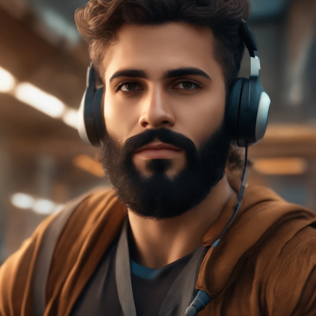 Avatar masculino, barba e cabelos castanhos, rosto levemente arredondado, gamer, fones grandes de ouvido e computador, hd, 4k, detalhado, avatar pequeno, nerd
