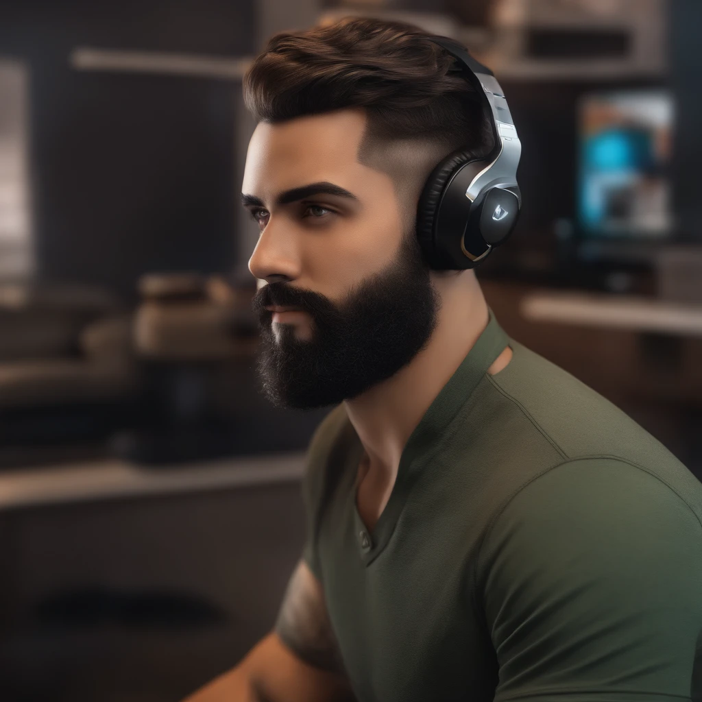 Avatar masculino, barba e cabelos castanhos, rosto levemente arredondado, gamer, fones grandes de ouvido e computador, hd, 4k, detalhado, avatar pequeno, nerd