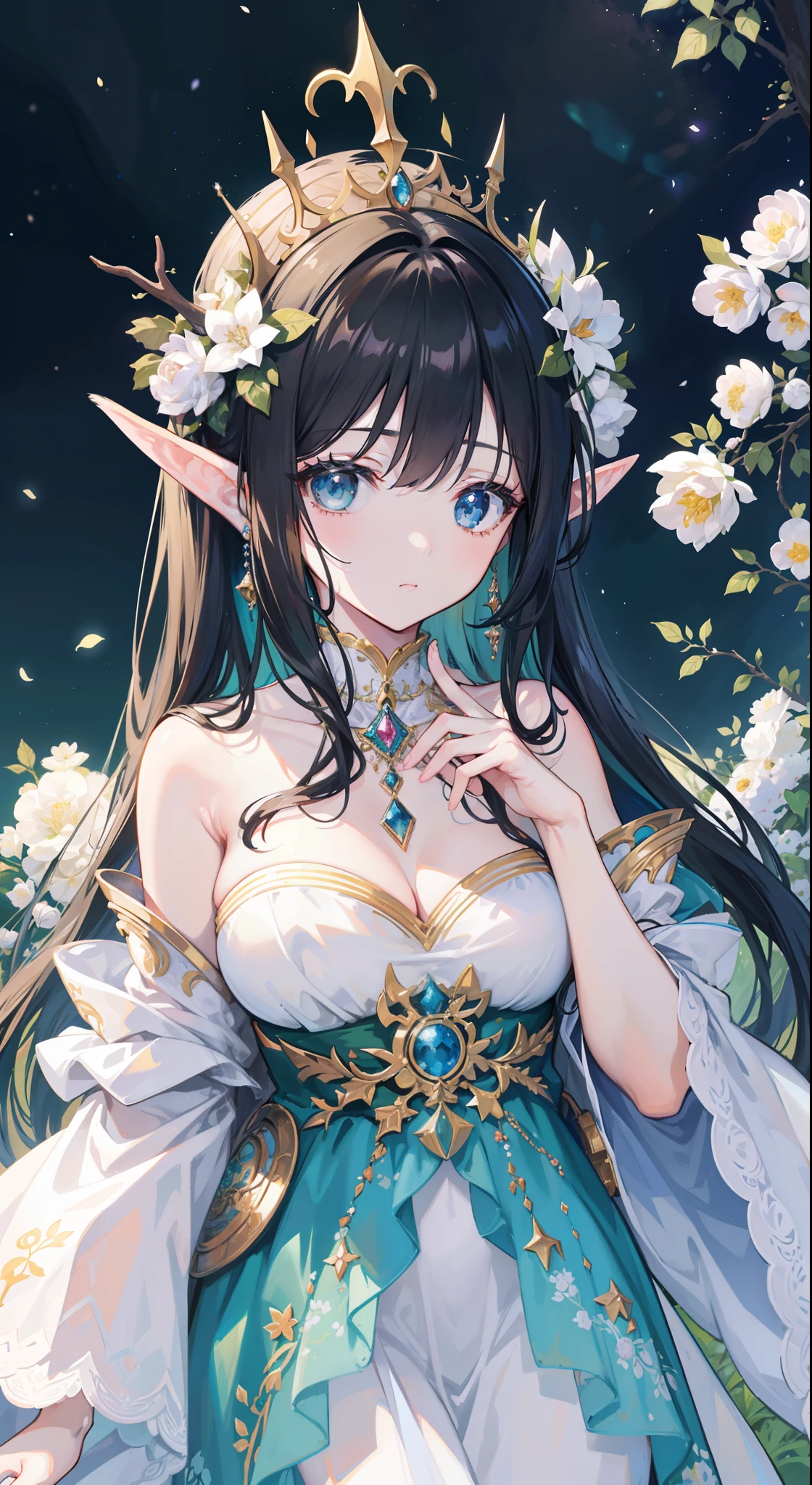 high high quality,tmasterpiece,Delicate facial features,Delicate hair,Delicate eyes,Delicate hair,animemanga girl,deer antlers,Black color hair,florals, Dreamy style, Fantastic flower garden,fantasy style clothing,Romantic dress, beautiful and elegant elf queen, a beautiful fantasy empress, Fantasy art style, ((a beautiful fantasy empress)), Anime fantasy illustration, high priestess, fey queen of the summer forest, anime art nouveau, goddess of the forest, portrait of an elf queen, A beautiful artwork illustration,8K high quality detailed art(Delicate facial portrayal)(Fine hair depiction)(highest quality)(Master masterpieces)(High degree of completion)(a sense of atmosphere)8k wallpaper,tmasterpiece,Best quality at best,ultra - detailed