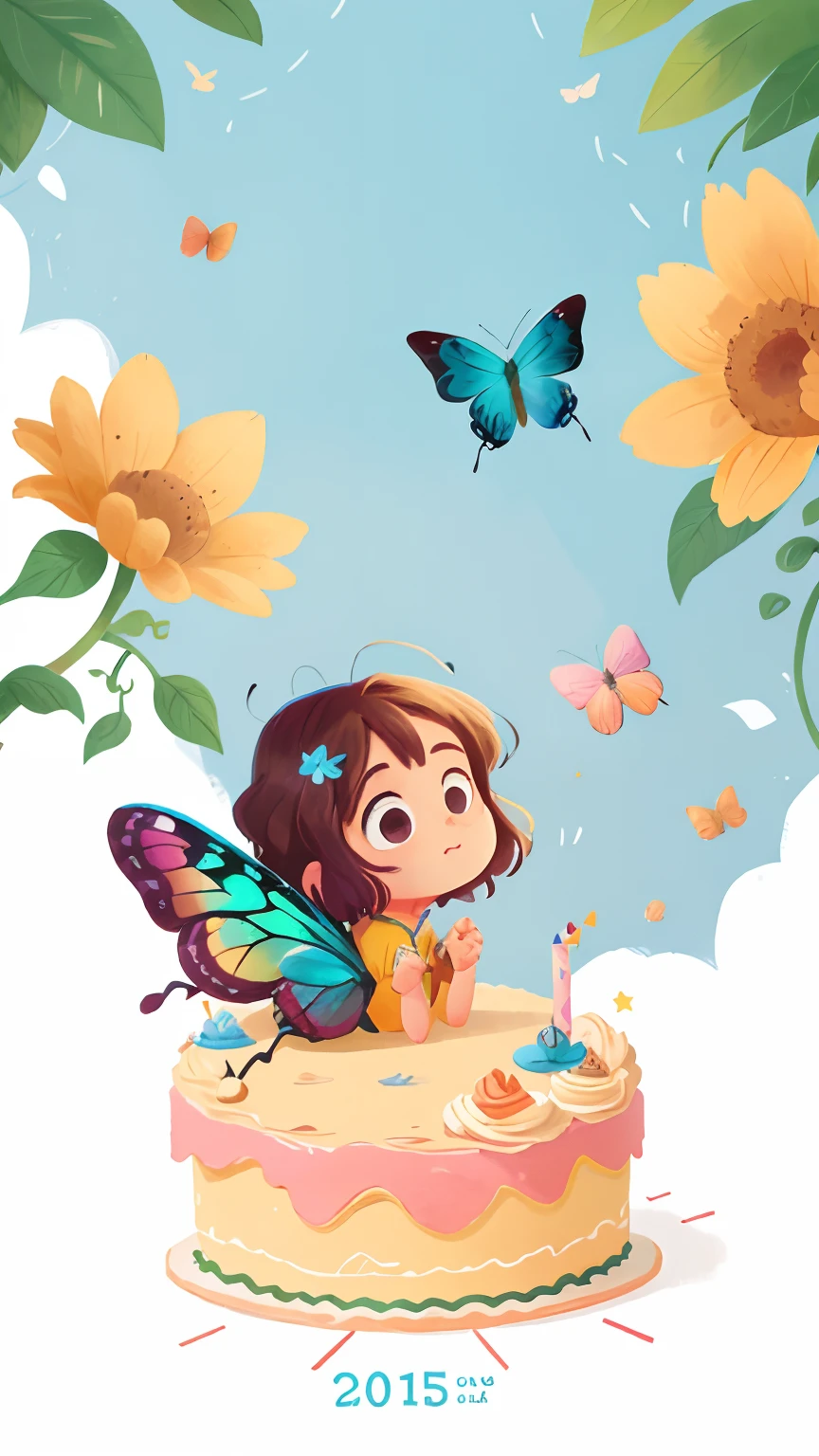 A big blue butterfly flies in the central white frame, 20 years old, blue, pink, pastel yellow, bright theme, birthday, word “U”, HD, 4K