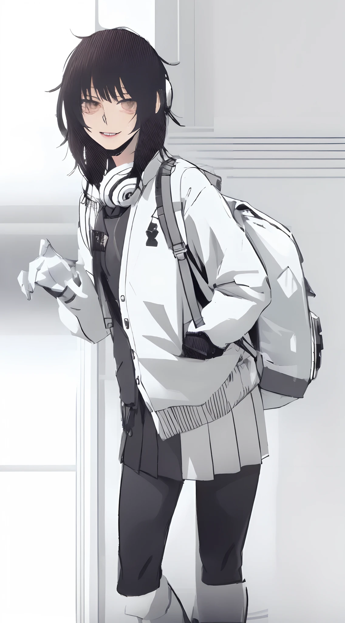 (best quality,4k,8k,highres,masterpiece:1.2), ultra-detailed, (realistic,photorealistic,photo-realistic:1.37), a girl with a backpack, pointing with her index finger, full-body illustration in a clean and intricate anime style, black and white manga style, tall emo art student girl, wearing over-ear headphones, beautiful high school anime girl, with a style similar to Nippon Shoujo, created by the artist "Fei Q", created by the artist "Kamoi Kokumou", created by the artist "Kobayashi Kiyoka", detailed anime character art