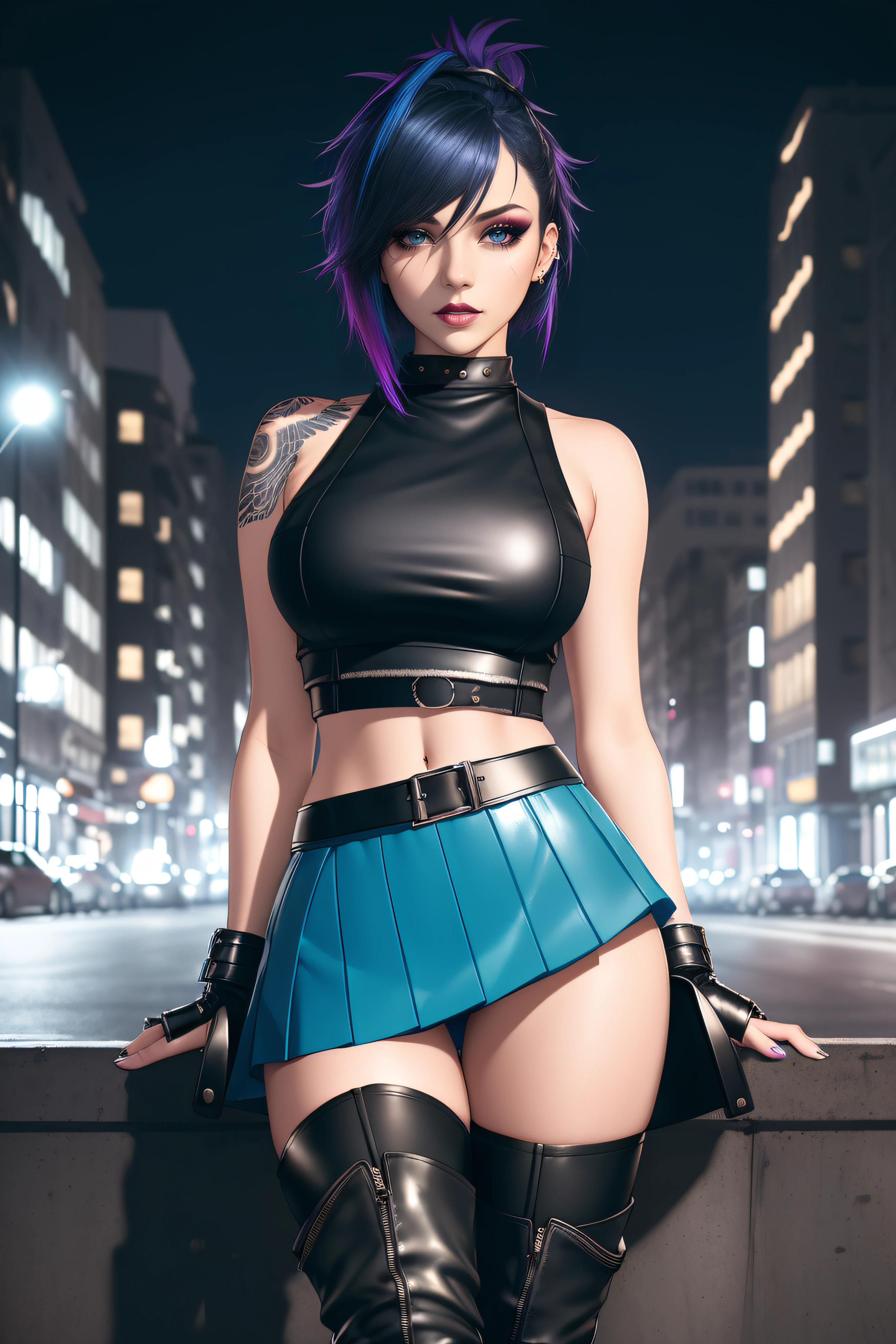 beautiful girl, full body, short bright blue dishevelled hair, black eyeshadow, (street style wear:1.2), ((tight fitted short skirt)), ((knee high leather boots)), (city night background:1.2), dark makeup, digital art, trending on artstation, highly detailed, fine detail, intricate,  beautiful detailed glow, detailed, Cinematic light, high-res, detailed facial features, sharp focus, smooth, aesthetic,