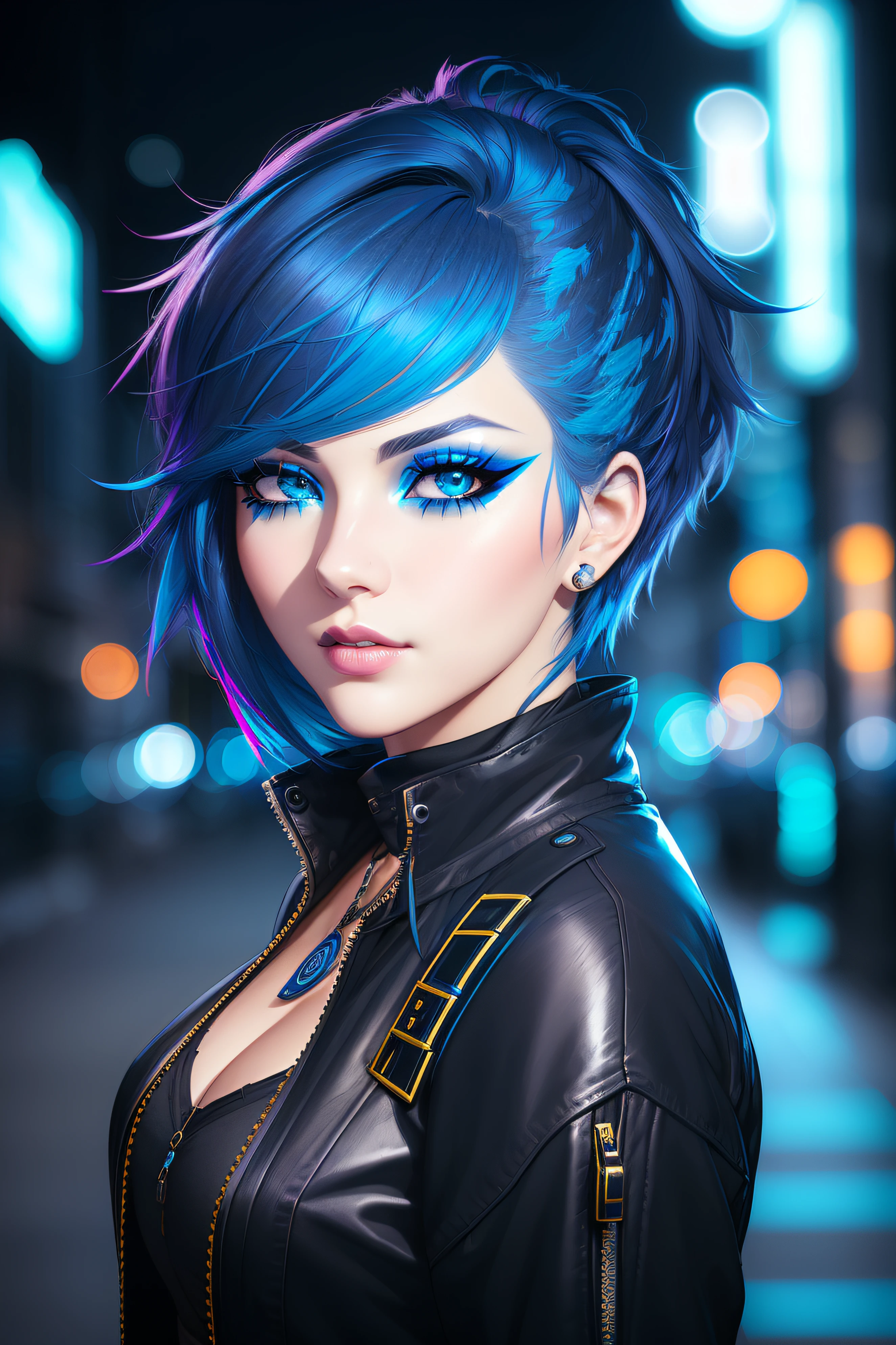 beautiful girl, half body portrait, short bright blue dishevelled hair, black eyeshadow, (street style wear:1.2), (city night background:1.2), dark makeup, digital art, trending on artstation, highly detailed, fine detail, intricate, beautiful detailed glow, detailed, Cinematic light, high-res, detailed facial features, sharp focus, smooth, aesthetic,