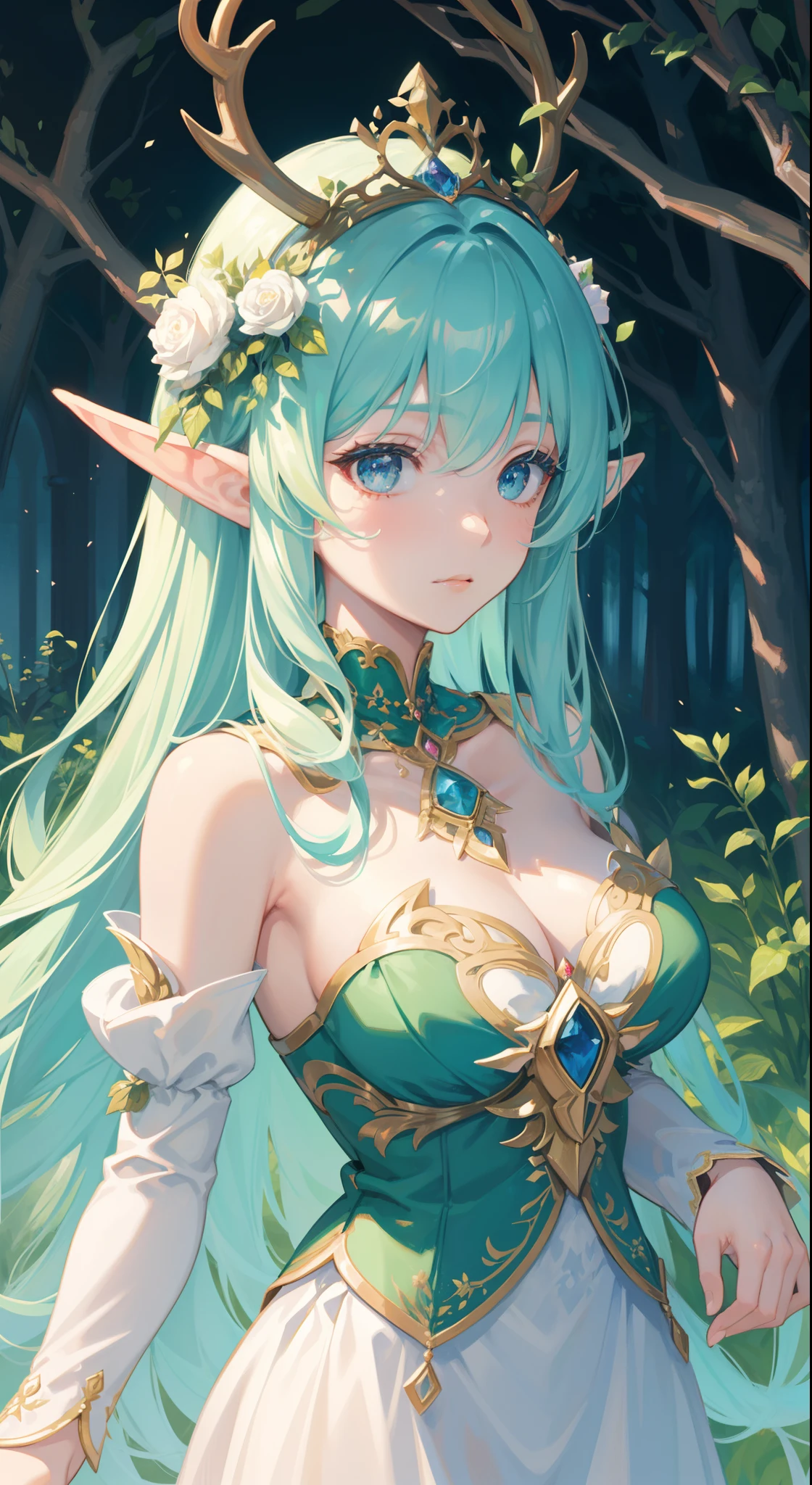 high high quality，tmasterpiece，Delicate facial features，Delicate hair，Delicate eyes，Delicate hair，animemanga girl，deer antlers，Black color hair，florals, Dreamy style, Fantastic flower garden，fantasy style clothing,Romantic dress,  beautiful and elegant elf queen, a beautiful fantasy empress, Fantasy art style, ((a beautiful fantasy empress)), Anime fantasy illustration, high priestess, fey queen of the summer forest, anime art nouveau, goddess of the forest, portrait of an elf queen, A beautiful artwork illustration，8K high quality detailed art（Delicate facial portrayal）（Fine hair depiction）（highest  quality）（Master masterpieces）（High degree of completion）（a sense of atmosphere）8k wallpaper，tmasterpiece，Best quality at best，ultra - detailed