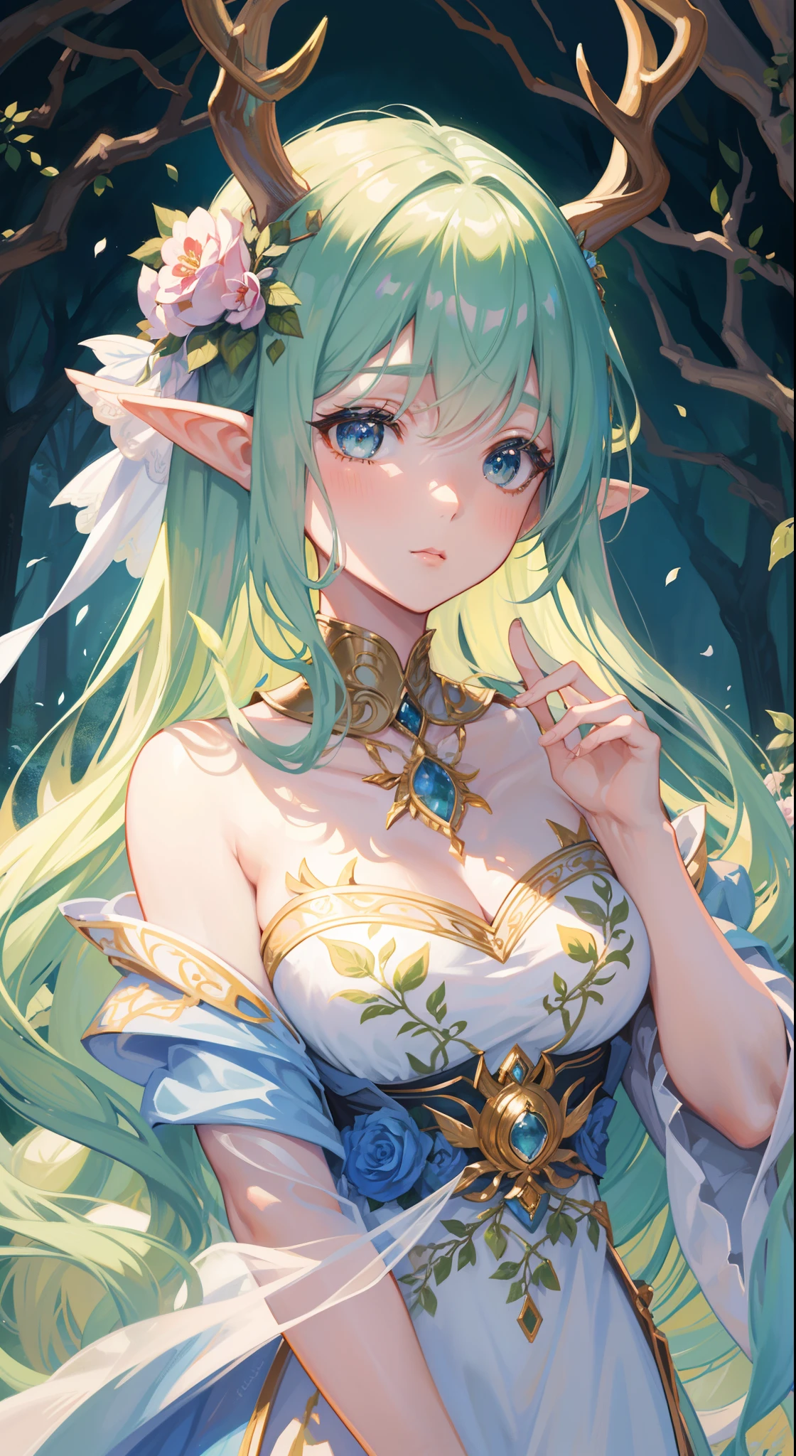 high high quality，tmasterpiece，Delicate facial features，Delicate hair，Delicate eyes，Delicate hair，animemanga girl，deer antlers，Black color hair，florals, Dreamy style, Fantastic flower garden，fantasy style clothing,Romantic dress,  beautiful and elegant elf queen, a beautiful fantasy empress, Fantasy art style, ((a beautiful fantasy empress)), Anime fantasy illustration, high priestess, fey queen of the summer forest, anime art nouveau, goddess of the forest, portrait of an elf queen, A beautiful artwork illustration，8K high quality detailed art（Delicate facial portrayal）（Fine hair depiction）（highest  quality）（Master masterpieces）（High degree of completion）（a sense of atmosphere）8k wallpaper，tmasterpiece，Best quality at best，ultra - detailed